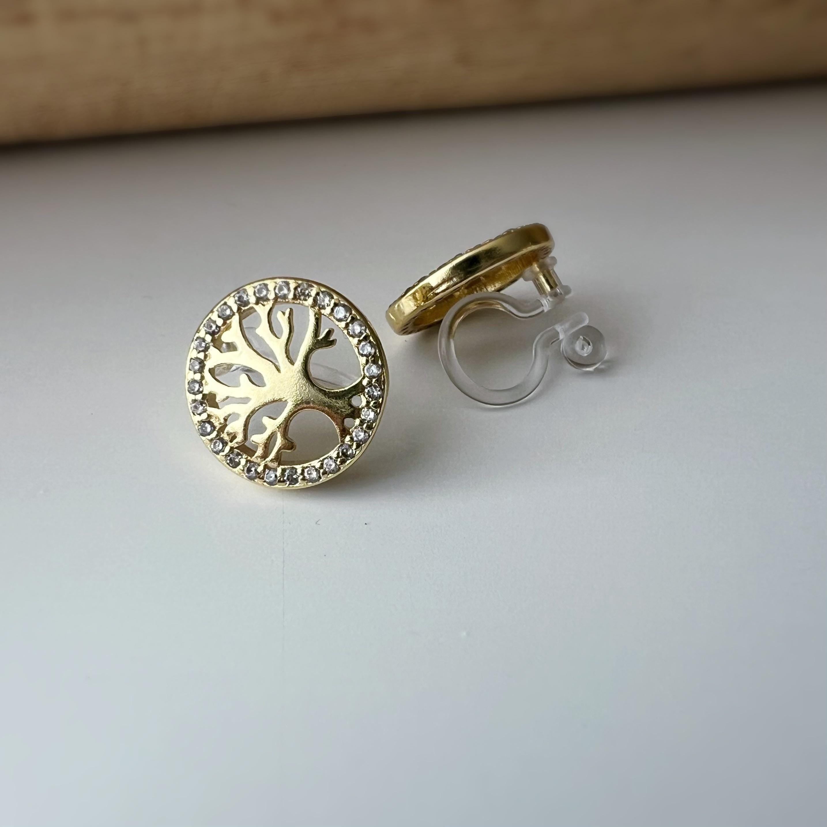 Boucles d'oreilles clips élégantes Arbre de vie Or /Argent. Bordure sertie strass pour une touche scintillante Confortables et sans perçage.