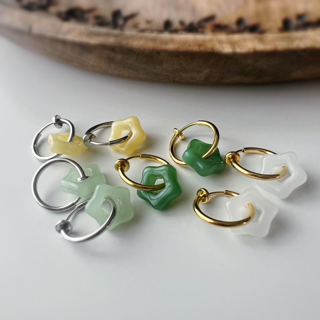 2 EN 1 Clips d'oreilles Anneau Petit étoile verre couleur blanc jaune jade vert Créole Clips 15mm Argent/ Or Confortable Oreilles non percée