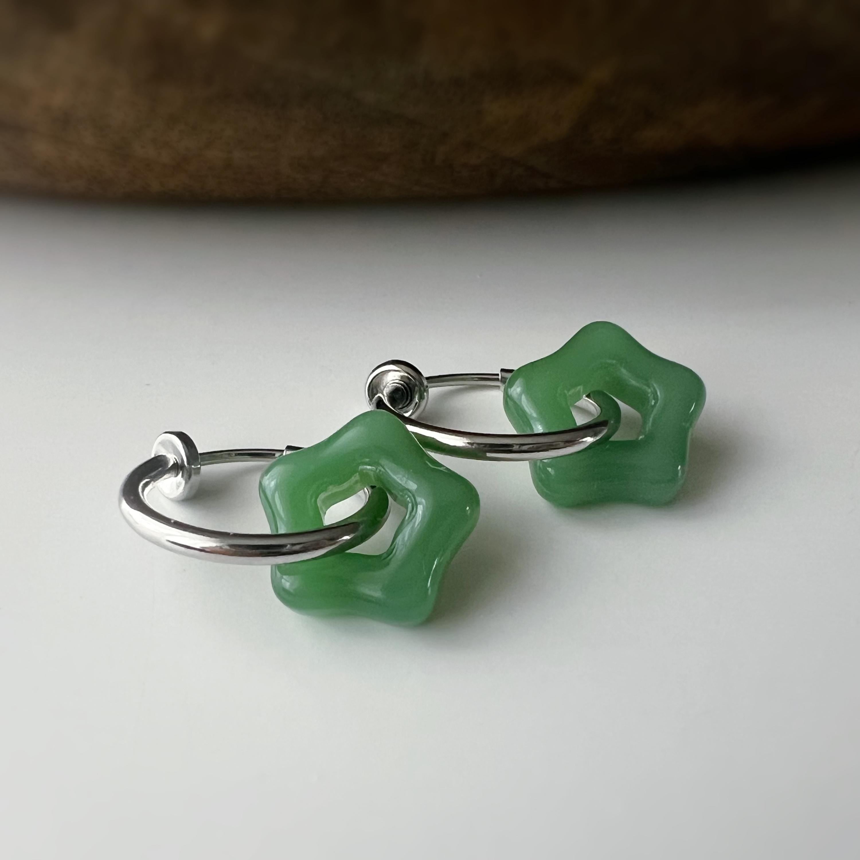 2 EN 1 Clips d'oreilles Anneau Petit étoile verre couleur blanc jaune jade vert Créole Clips 15mm Argent/ Or Confortable Oreilles non percée