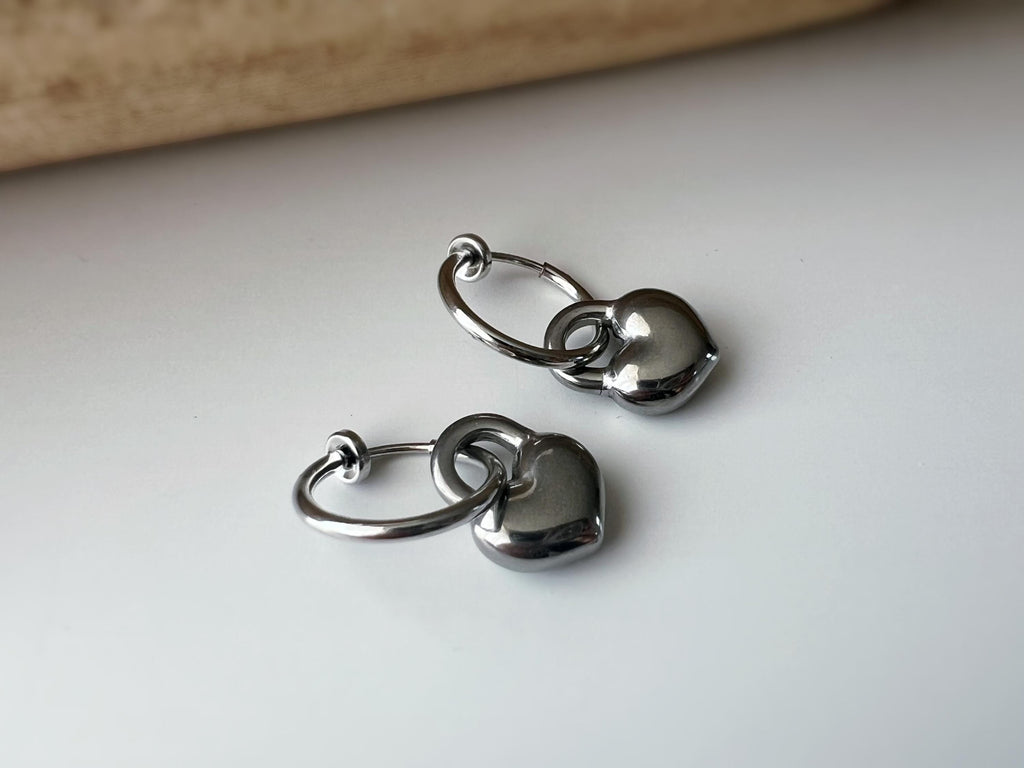 2 en 1 Boucles d'oreilles CLIPS créoles argenté 15mm Pendentif cadenas coeur offrent un style minimaliste intemporel pour toutes occasions