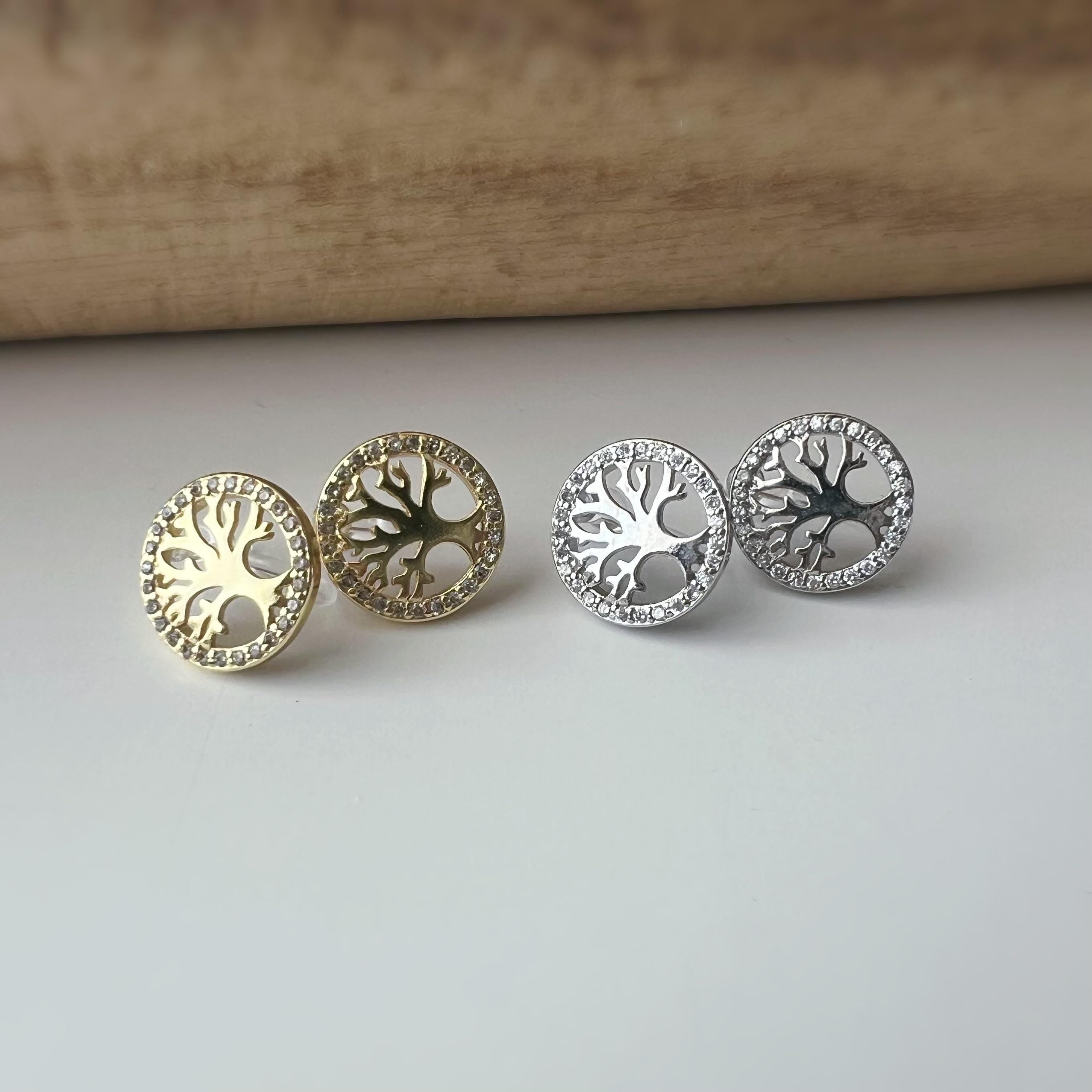 Boucles d'oreilles clips élégantes Arbre de vie Or /Argent. Bordure sertie strass pour une touche scintillante Confortables et sans perçage.