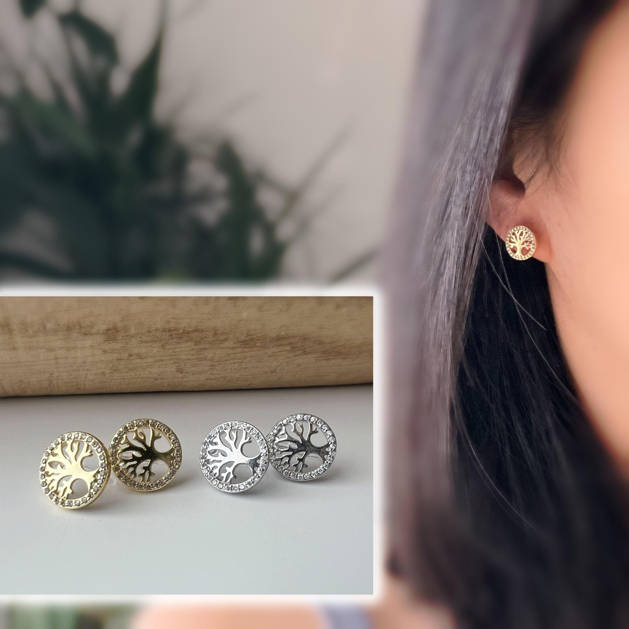 Boucles d'oreilles clips élégantes Arbre de vie Or /Argent. Bordure sertie strass pour une touche scintillante Confortables et sans perçage.
