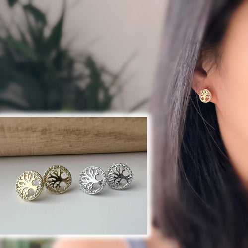 Boucles d'oreilles clips élégantes Arbre de vie Or /Argent. Bordure sertie strass pour une touche scintillante Confortables et sans perçage.
