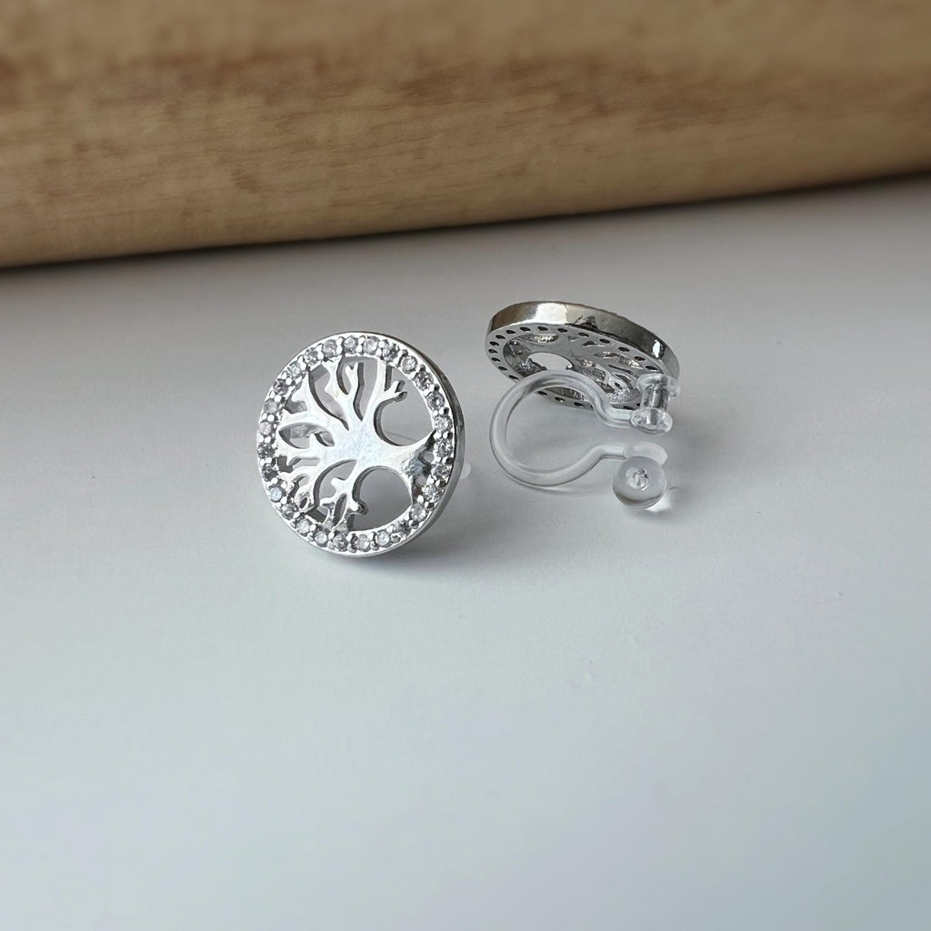 Boucles d'oreilles clips élégantes Arbre de vie Or /Argent. Bordure sertie strass pour une touche scintillante Confortables et sans perçage.