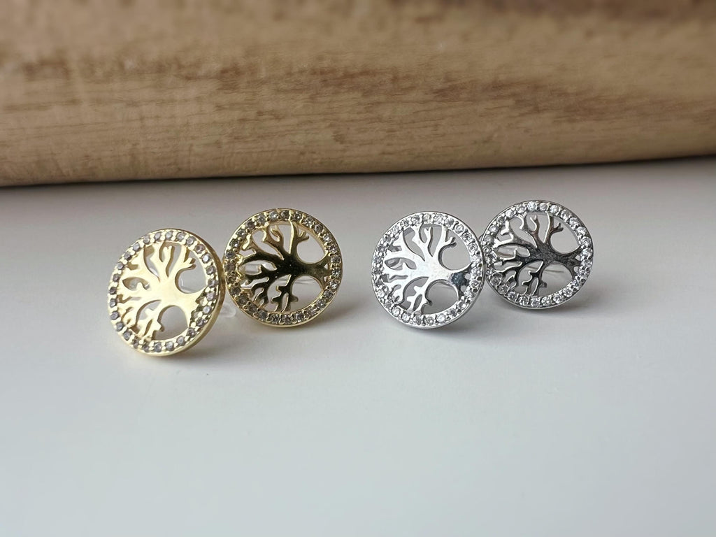 Boucles d'oreilles clips élégantes Arbre de vie Or /Argent. Bordure sertie strass pour une touche scintillante Confortables et sans perçage.