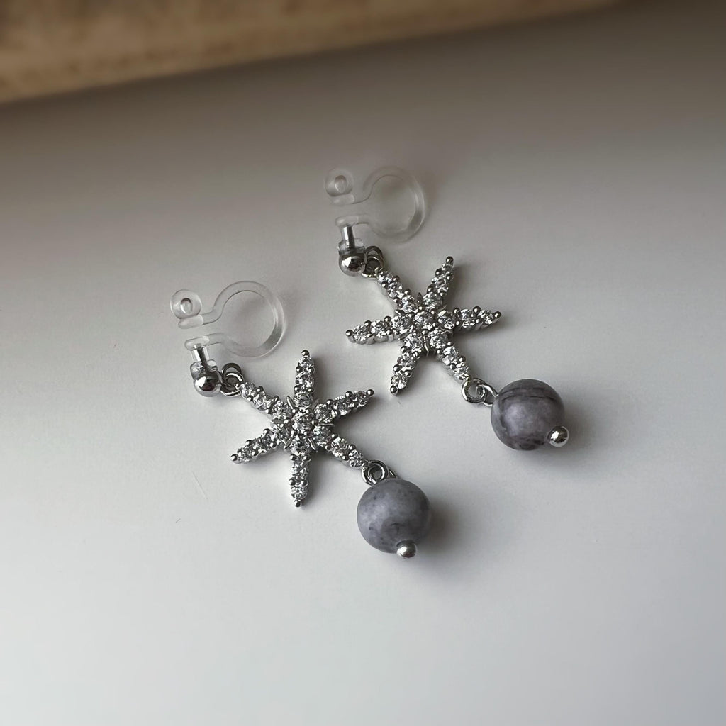 Boucles d'oreilles clip Flocon De Neige ornées strass argenté, perle en pierre naturelle suspendue. Élégante raffinée oreilles non percées