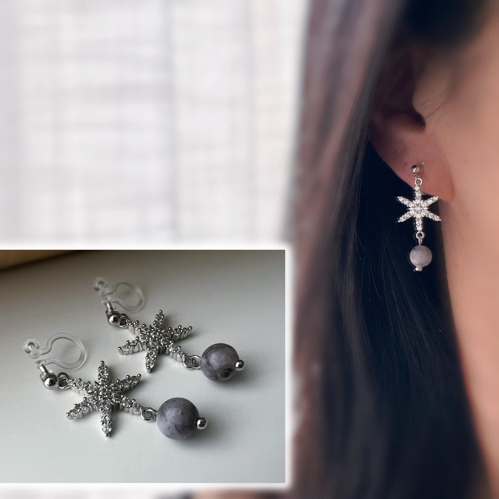 Boucles d'oreilles clip Flocon De Neige ornées strass argenté, perle en pierre naturelle suspendue. Élégante raffinée oreilles non percées