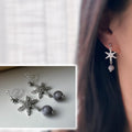 Boucles d'oreilles clip Flocon De Neige ornées strass argenté, perle en pierre naturelle suspendue. Élégante raffinée oreilles non percées
