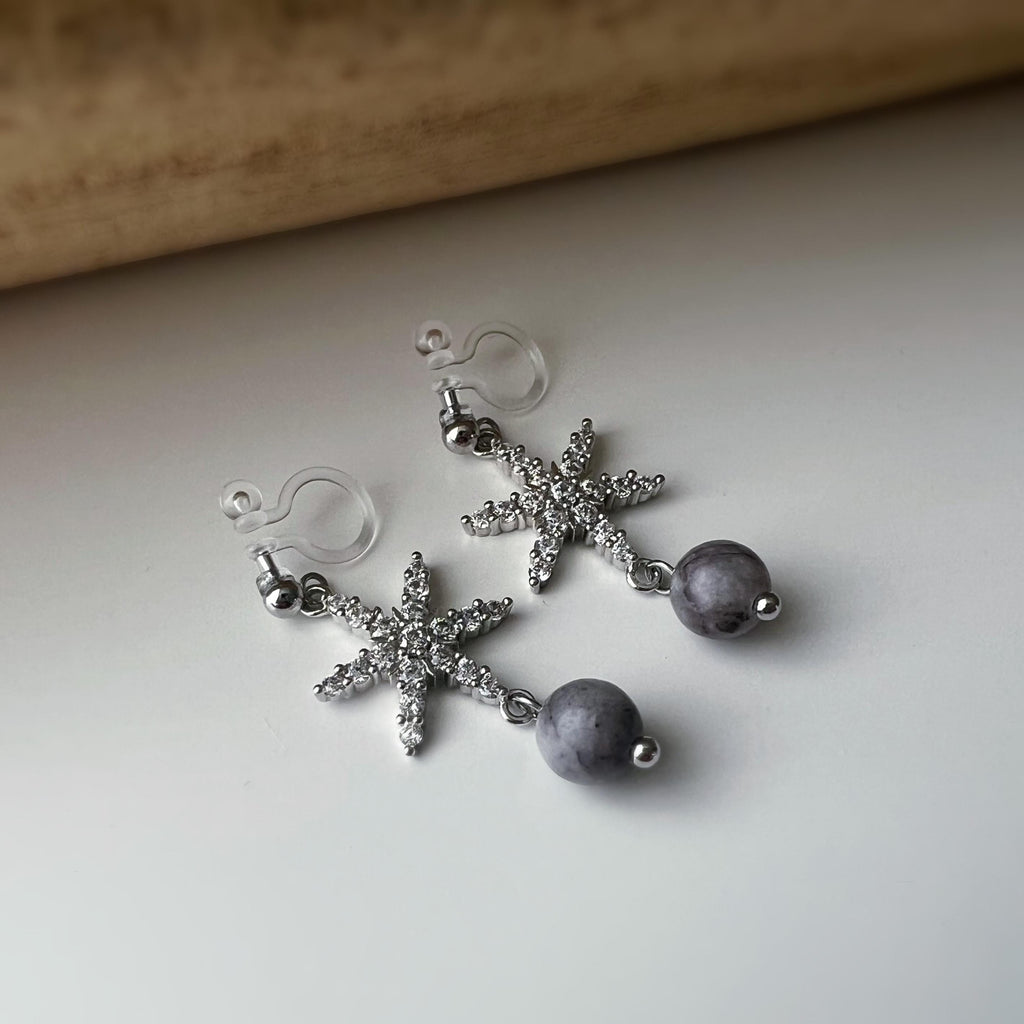Boucles d'oreilles clip Flocon De Neige ornées strass argenté, perle en pierre naturelle suspendue. Élégante raffinée oreilles non percées