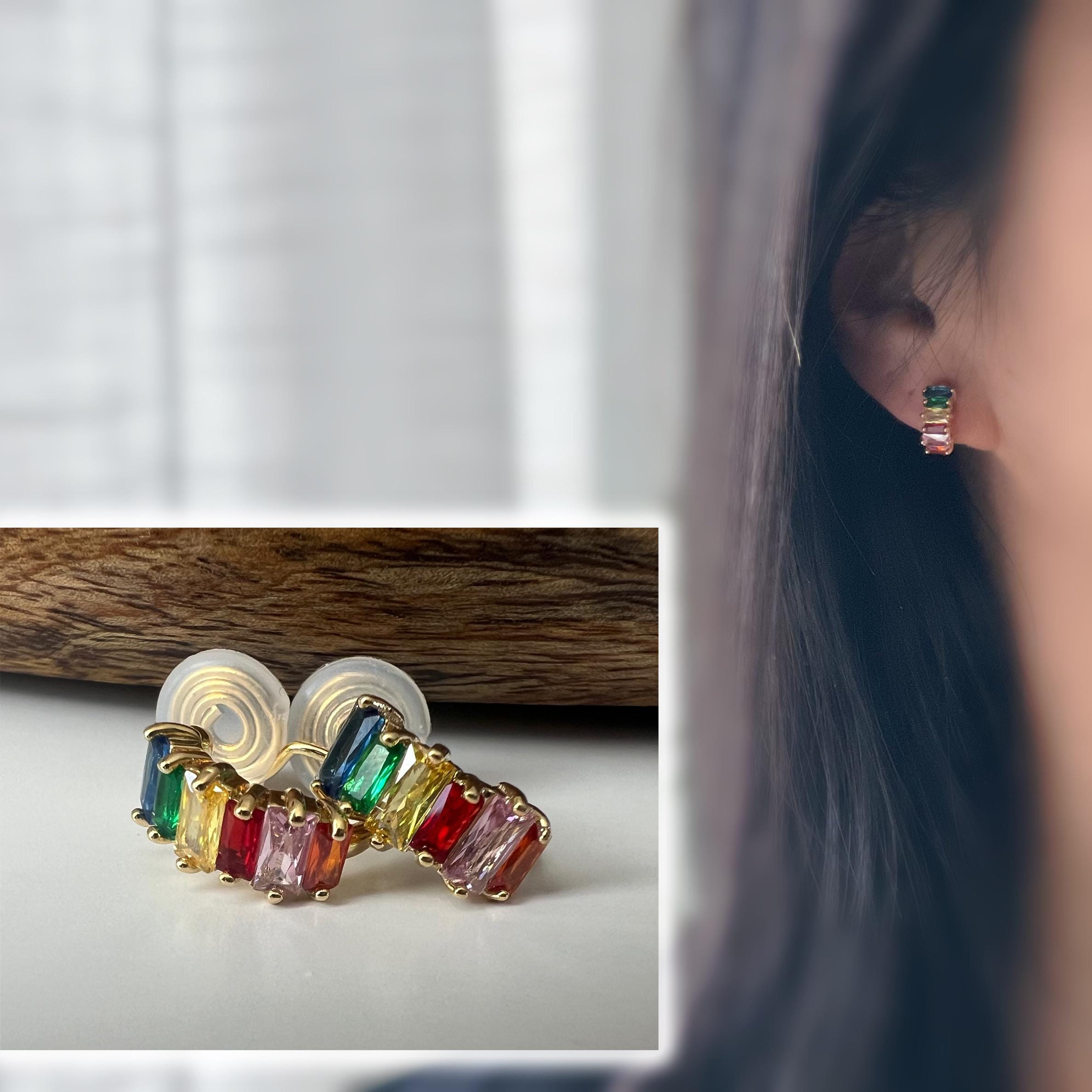 SANS DOULEUR ! Boucles d'oreilles CLIPS U spirale Cercle Mini Zircon rectangle coloré arc-en-ciel plaqué d'Or. Clips d'oreilles confortable.