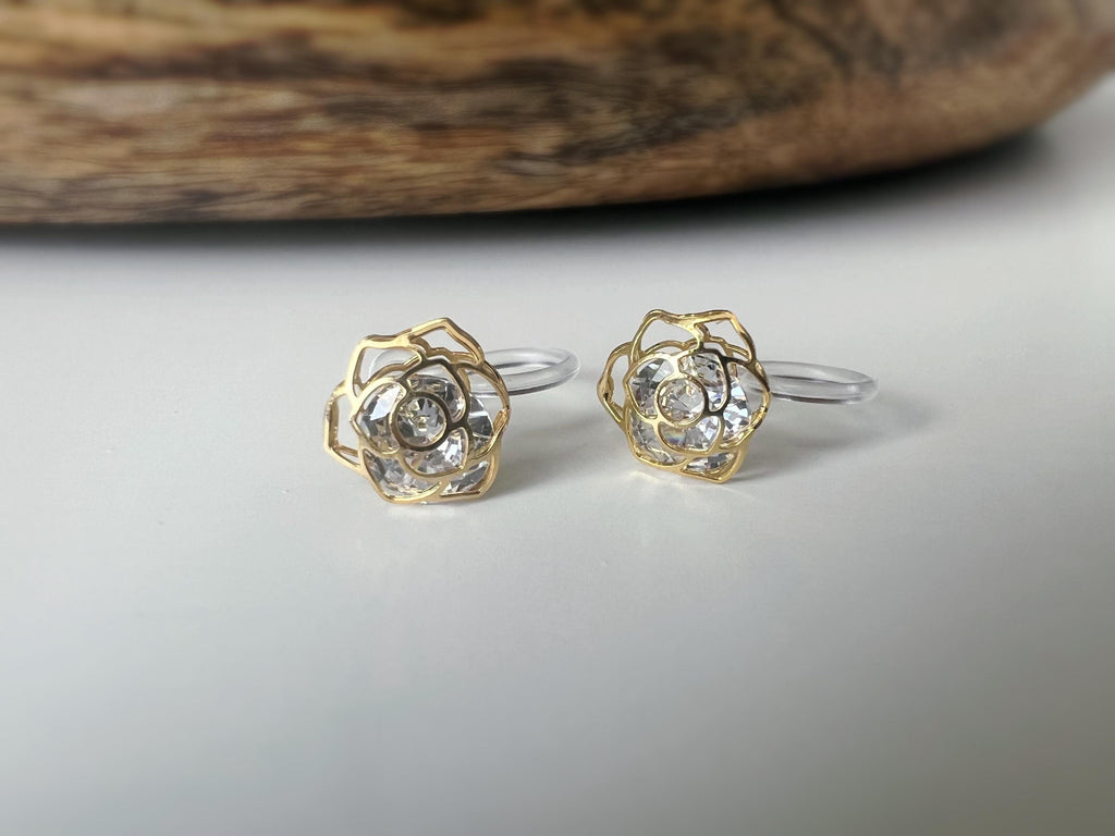 Boucles d'oreilles Clips INVISIBLES Mini rose ajourée couleur or et pierre zircon, Clips d'oreilles confortable bijoux minimaliste quotidien