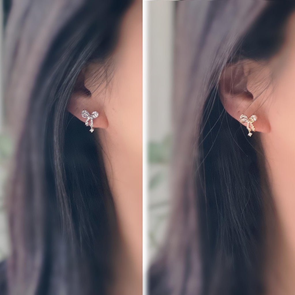 Clips d’oreilles papillon en strass, disponibles en doré et argenté. Design raffiné pour un look délicat, sans perçage.
