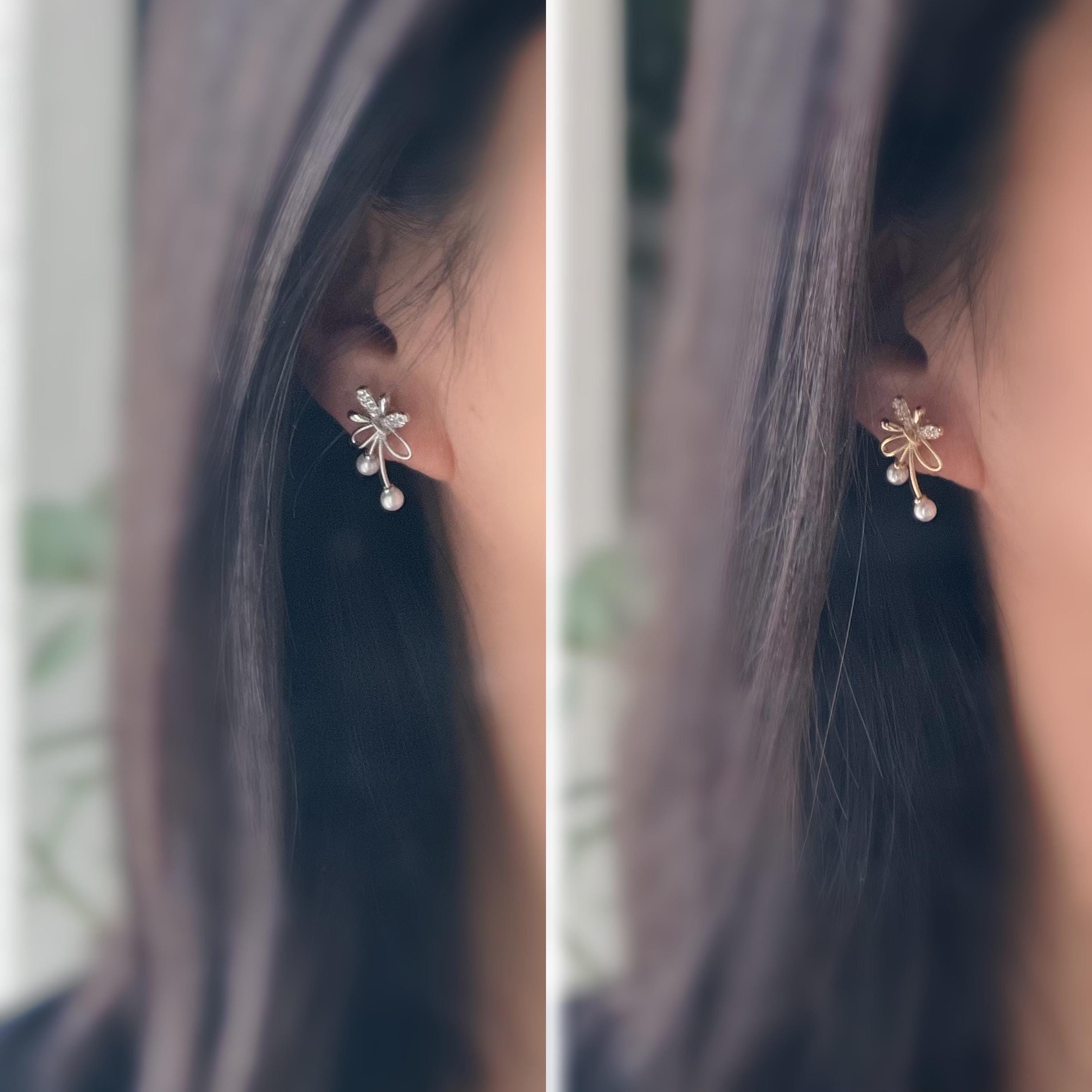 Boucles d’oreilles à clips fleurs strass, mini perles blanches couleur Or / Argent. Design raffiné pour un look délicat, sans perçage.