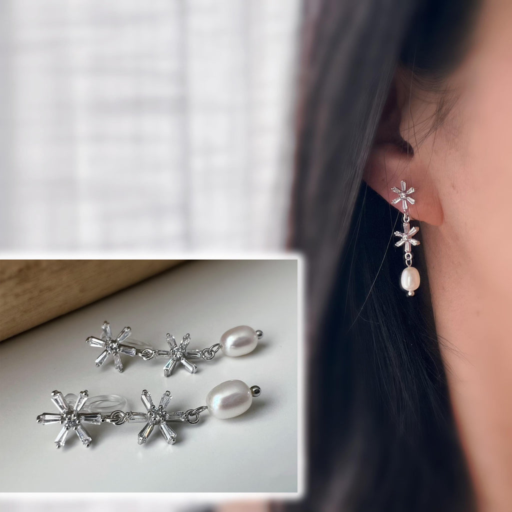 Boucles d'oreilles clip élégantes Fleurs cristaux scintillants Perle naturelle. Un design raffiné sans perçage pour un charme intemporel.