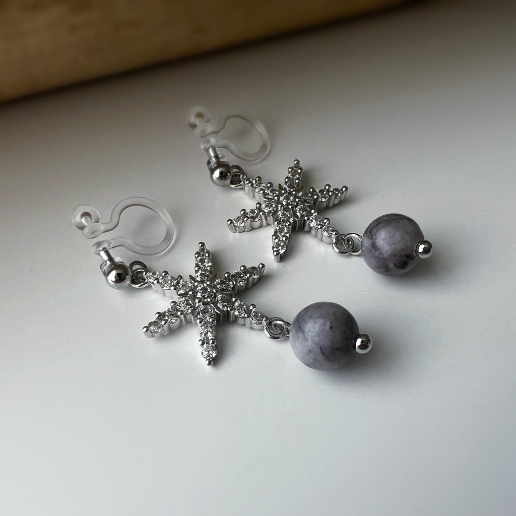 Boucles d'oreilles clip Flocon De Neige ornées strass argenté, perle en pierre naturelle suspendue. Élégante raffinée oreilles non percées