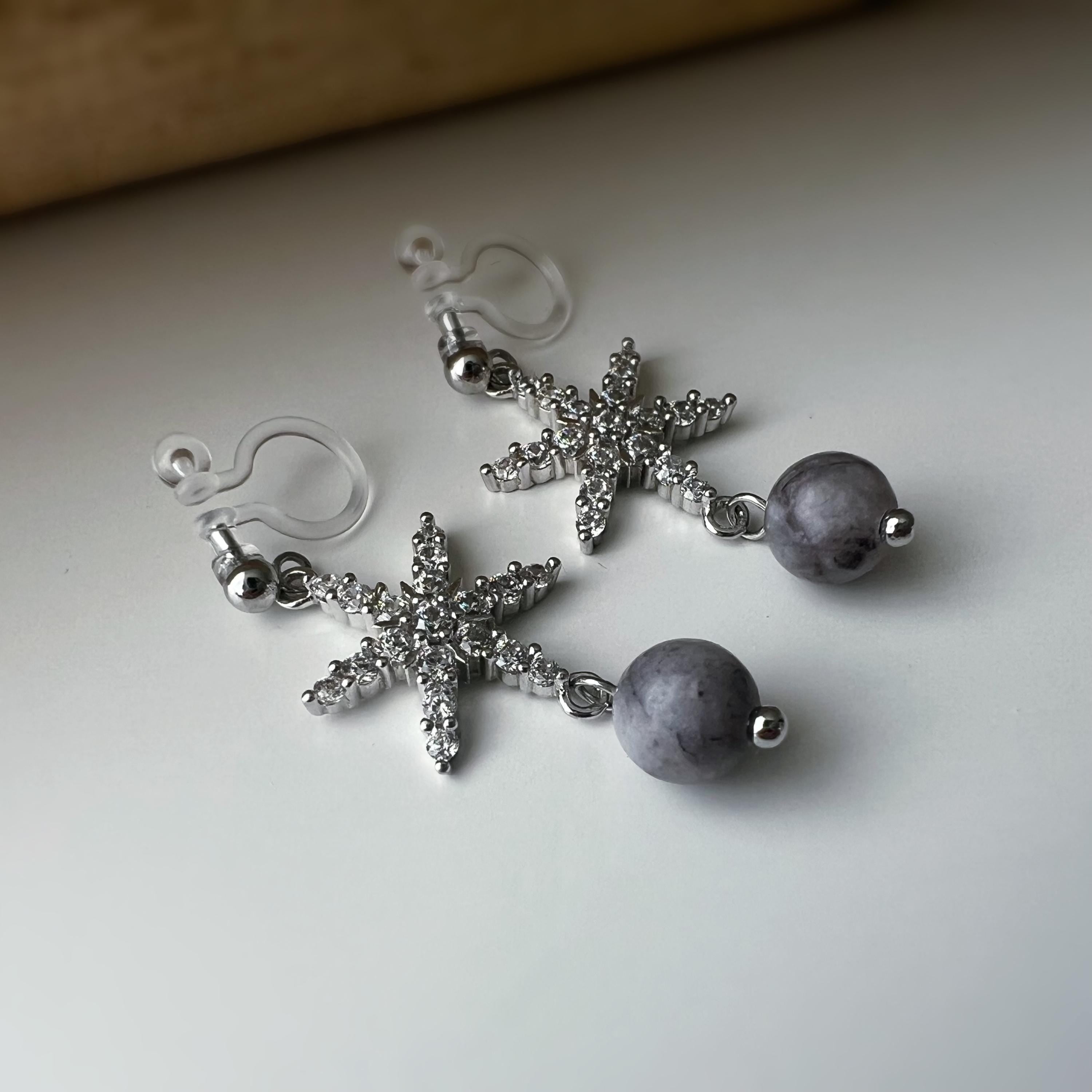 Boucles d'oreilles clip Flocon De Neige ornées strass argenté, perle en pierre naturelle suspendue. Élégante raffinée oreilles non percées