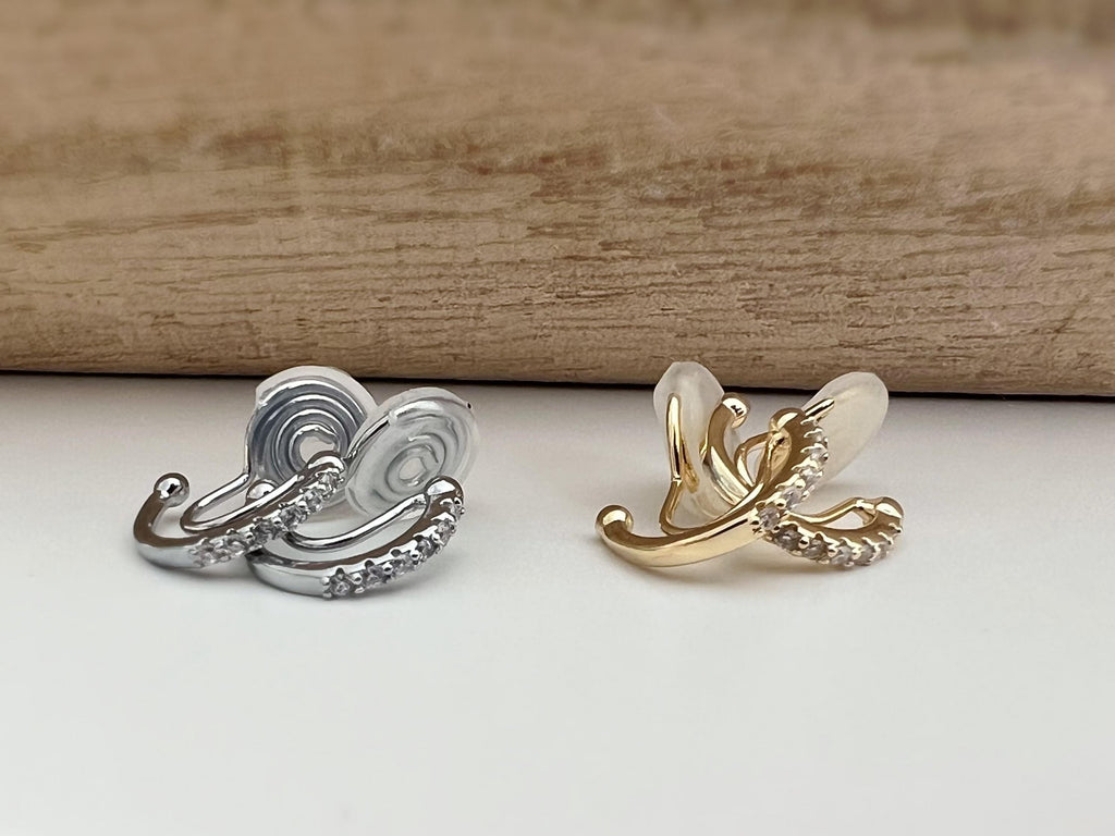 SANS DOULEUR ! Boucles d'oreilles CLIPS U spirale Demi-cercle Mini Pierres Zircon Rond plaqué d'Or. Clips d'oreilles confortable.