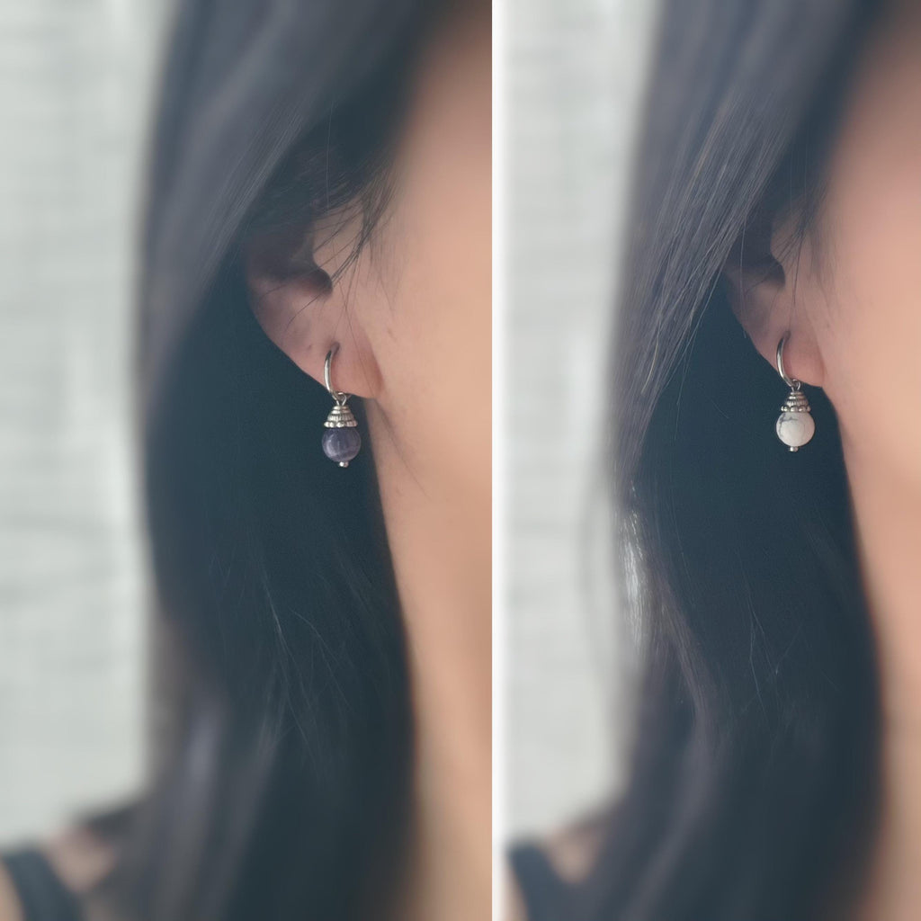 Boucles d'oreilles CLIPS créoles argenté Perles turquoise blanche/ Améthyste violet. Bijoux quotidien Clips discret Oreilles NON percées