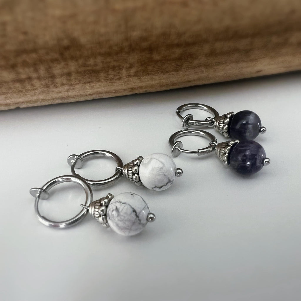 Boucles d'oreilles CLIPS créoles argenté Perles turquoise blanche/ Améthyste violet. Bijoux quotidien Clips discret Oreilles NON percées