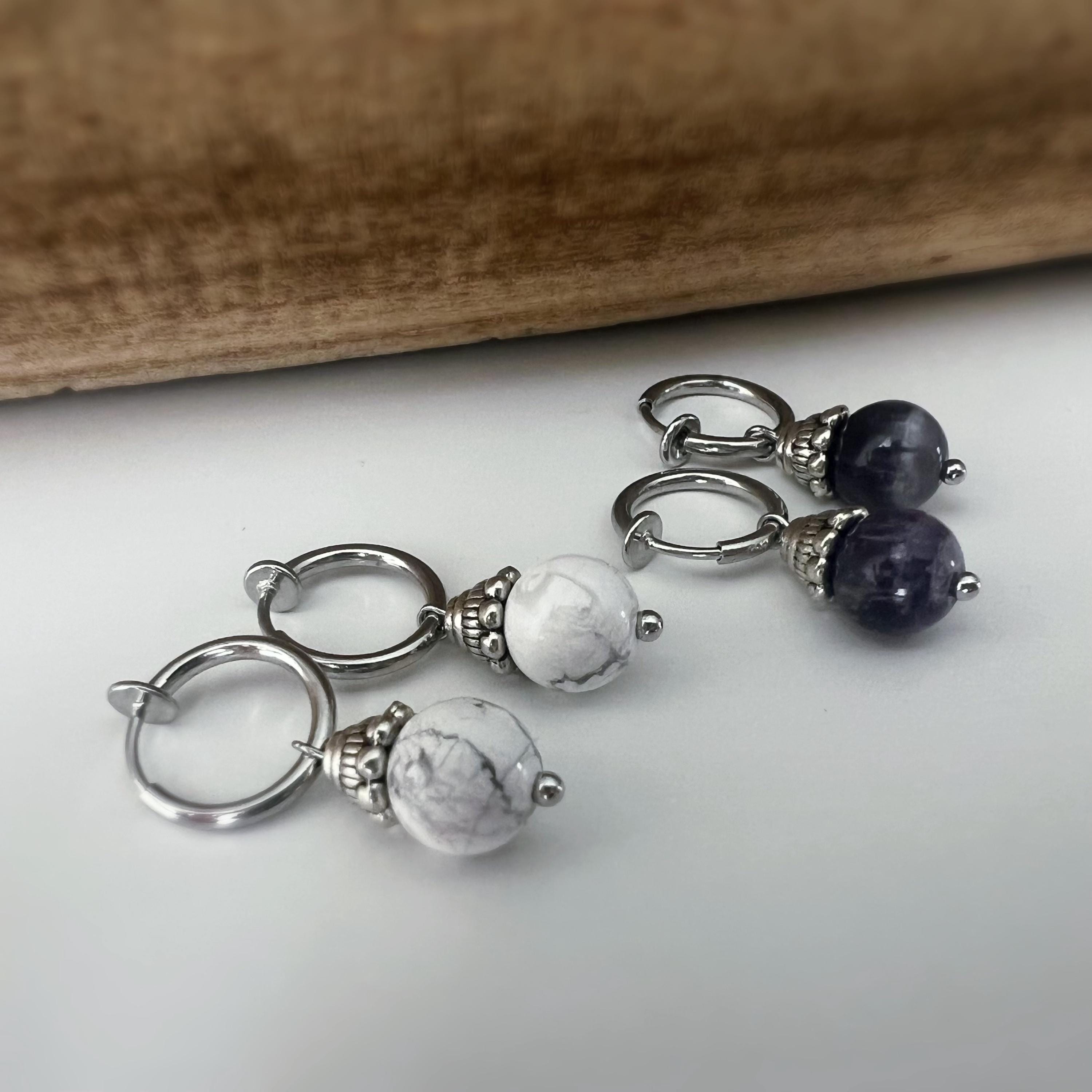 Boucles d'oreilles CLIPS créoles argenté Perles turquoise blanche/ Améthyste violet. Bijoux quotidien Clips discret Oreilles NON percées