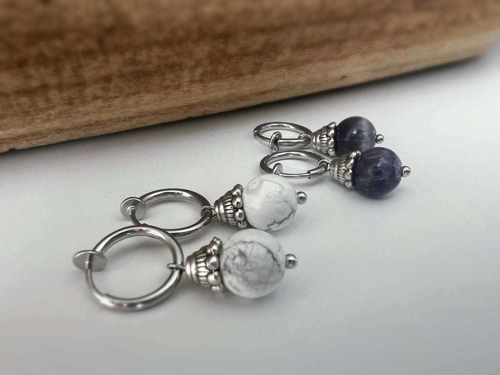 Boucles d'oreilles CLIPS créoles argenté Perles turquoise blanche/ Améthyste violet. Bijoux quotidien Clips discret Oreilles NON percées