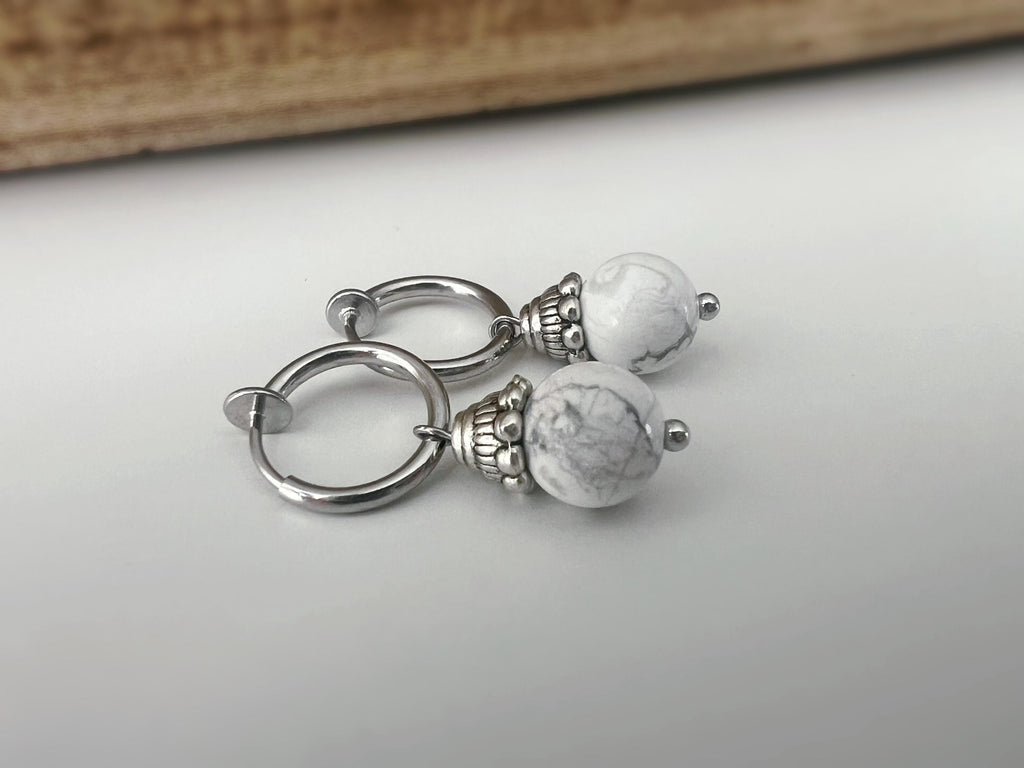 Boucles d'oreilles CLIPS créoles argenté Perles turquoise blanche/ Améthyste violet. Bijoux quotidien Clips discret Oreilles NON percées