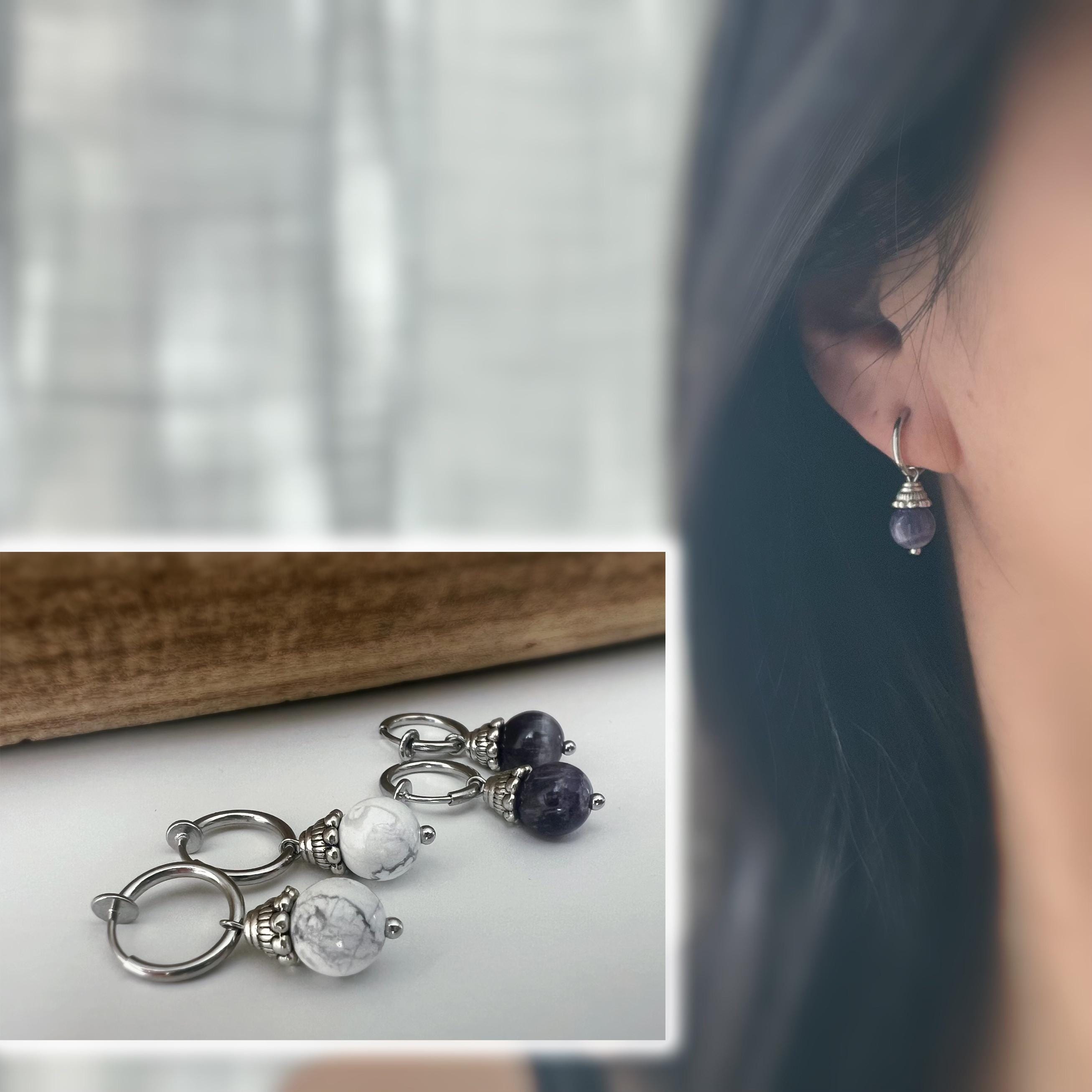 Boucles d'oreilles CLIPS créoles argenté Perles turquoise blanche/ Améthyste violet. Bijoux quotidien Clips discret Oreilles NON percées