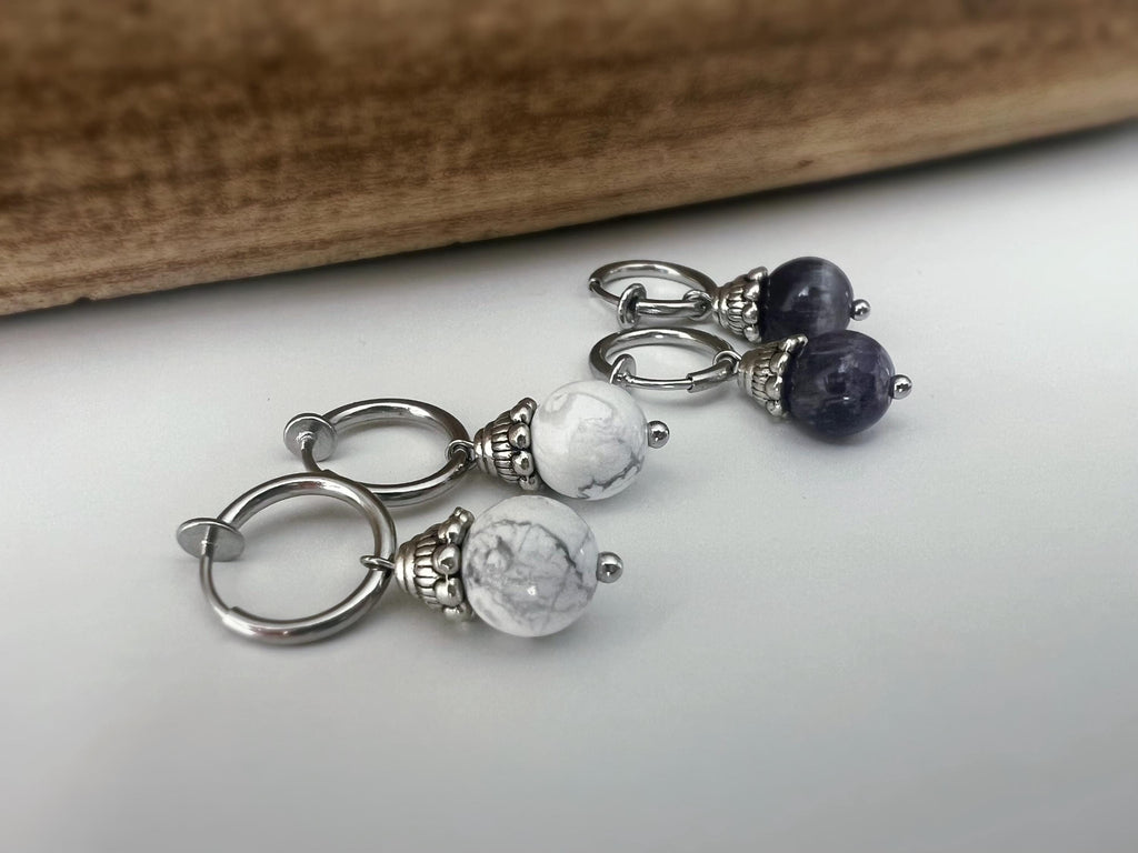 Boucles d'oreilles CLIPS créoles argenté Perles turquoise blanche/ Améthyste violet. Bijoux quotidien Clips discret Oreilles NON percées