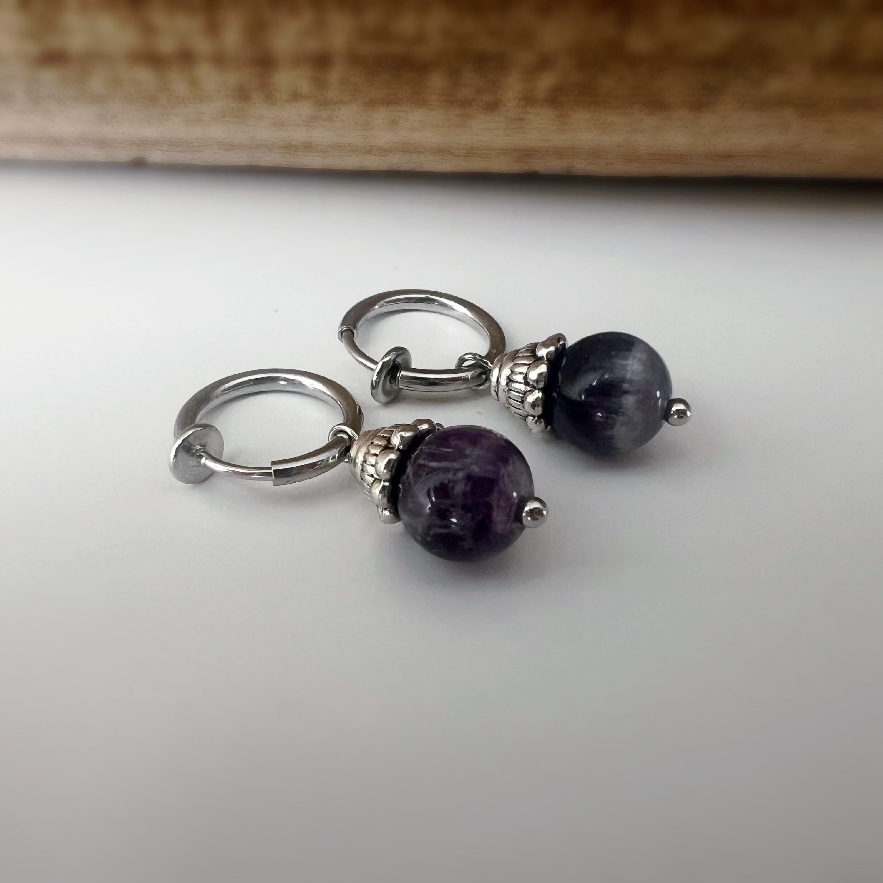 Boucles d'oreilles CLIPS créoles argenté Perles turquoise blanche/ Améthyste violet. Bijoux quotidien Clips discret Oreilles NON percées