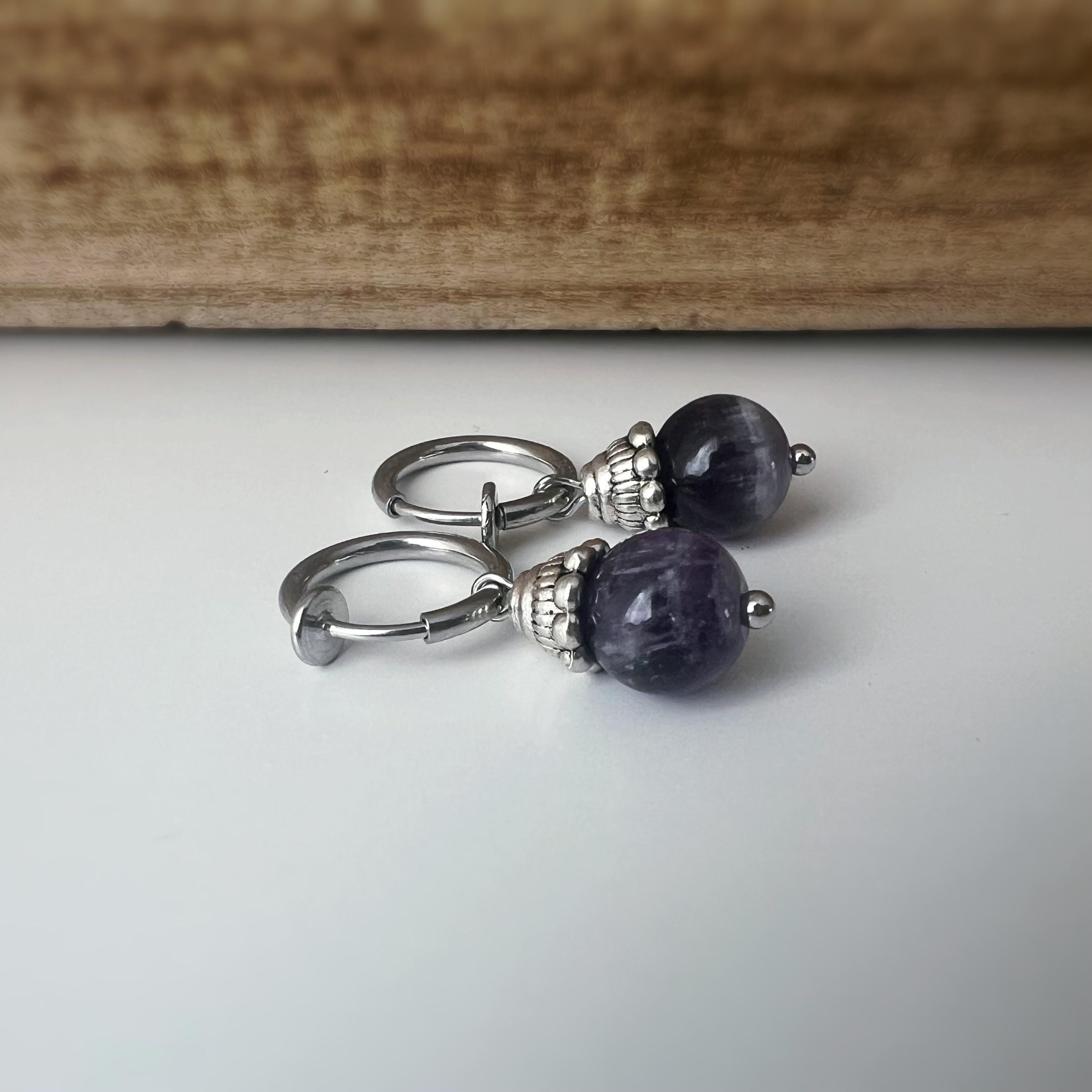 Boucles d'oreilles CLIPS créoles argenté Perles turquoise blanche/ Améthyste violet. Bijoux quotidien Clips discret Oreilles NON percées