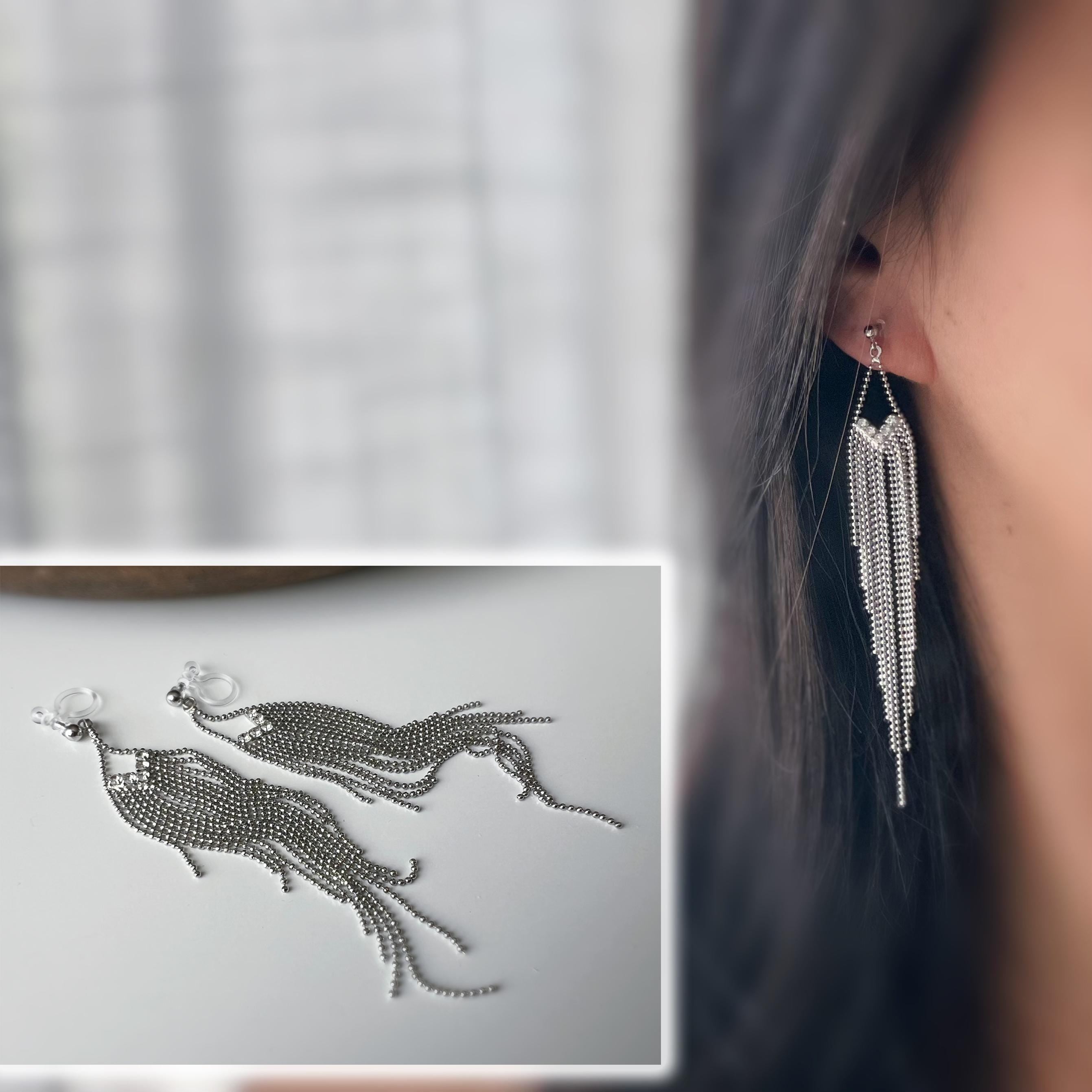 Longues Boucles d'oreilles CLIPS invisible, Tassel, Chaîne Perles Couleur Argenté, Strass. Clips d'oreilles. Bijoux quotidien.