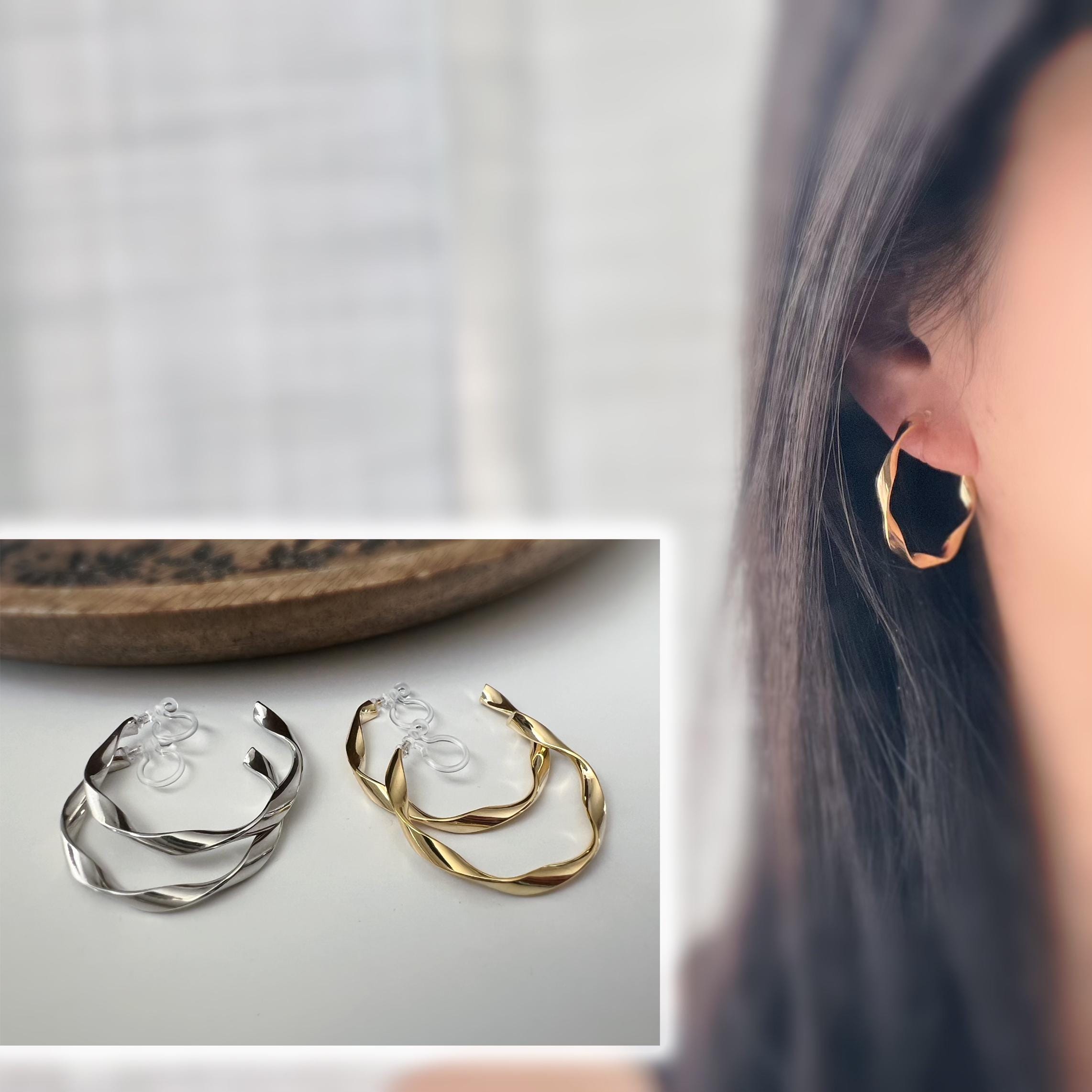 Anneaux Créoles Torsadé Clips Invisibles, Boucles d'oreille Créoles CLIPS couleur Or / Argent, oreilles non percées, Anneaux Créoles.