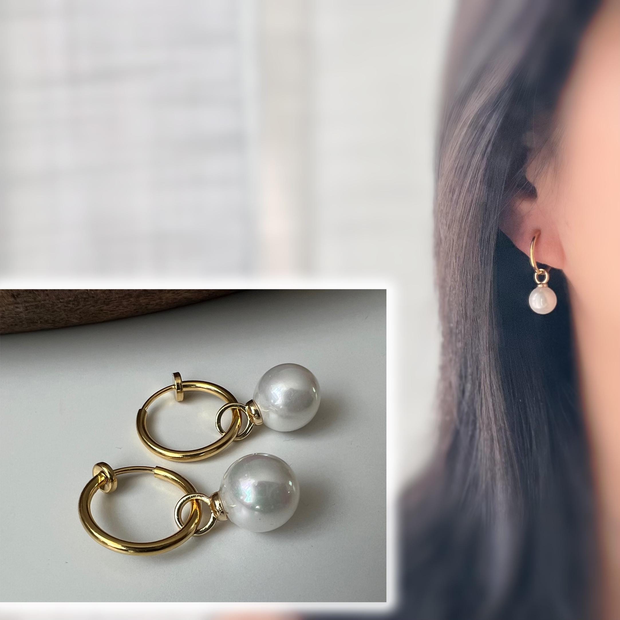 2 en 1 Élégantes boucles d’oreilles clip perle blanc légère Parfait pour une touche chic intemporelle Clips Créoles couleur Or 15mm