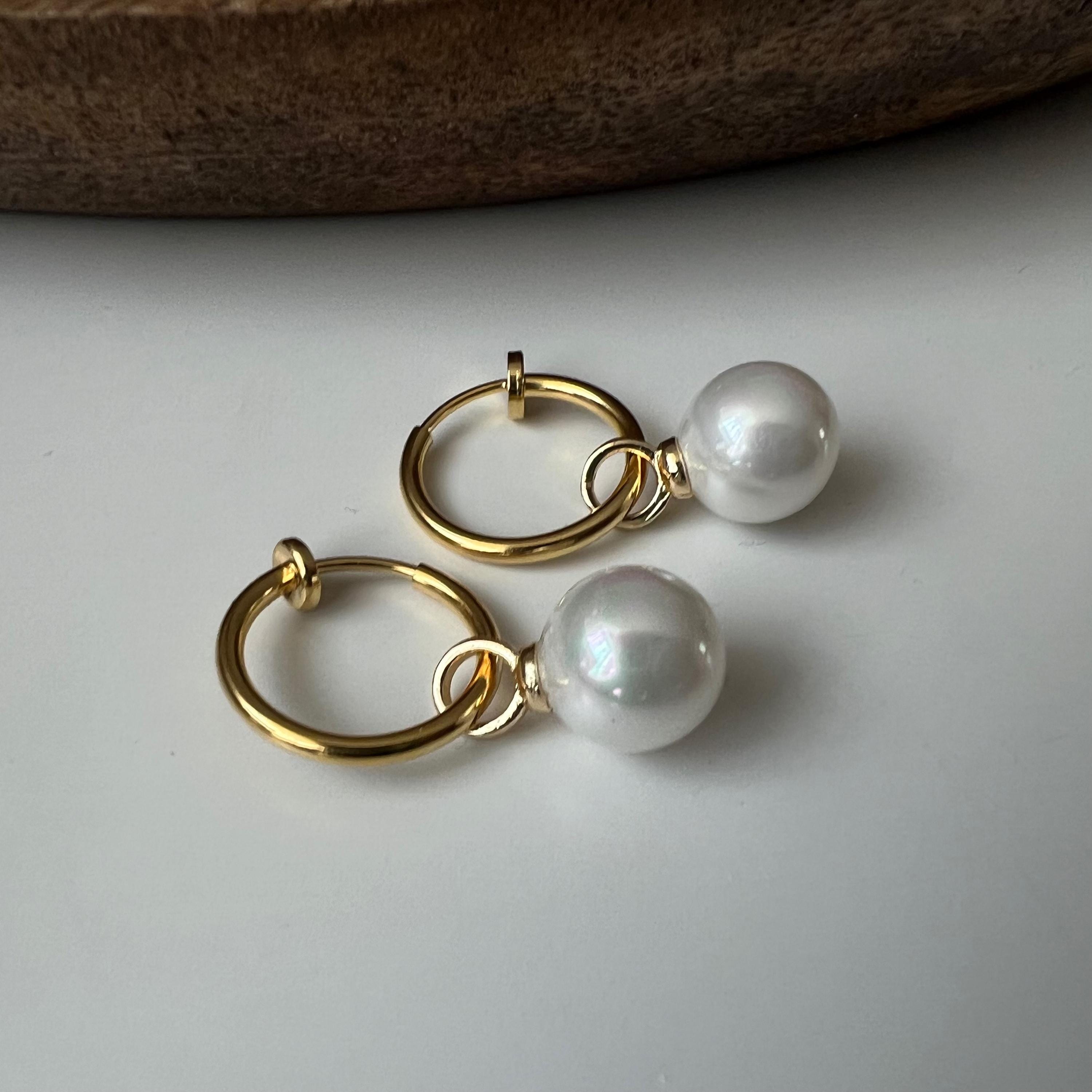 2 en 1 Élégantes boucles d’oreilles clip perle blanc légère Parfait pour une touche chic intemporelle Clips Créoles couleur Or 15mm