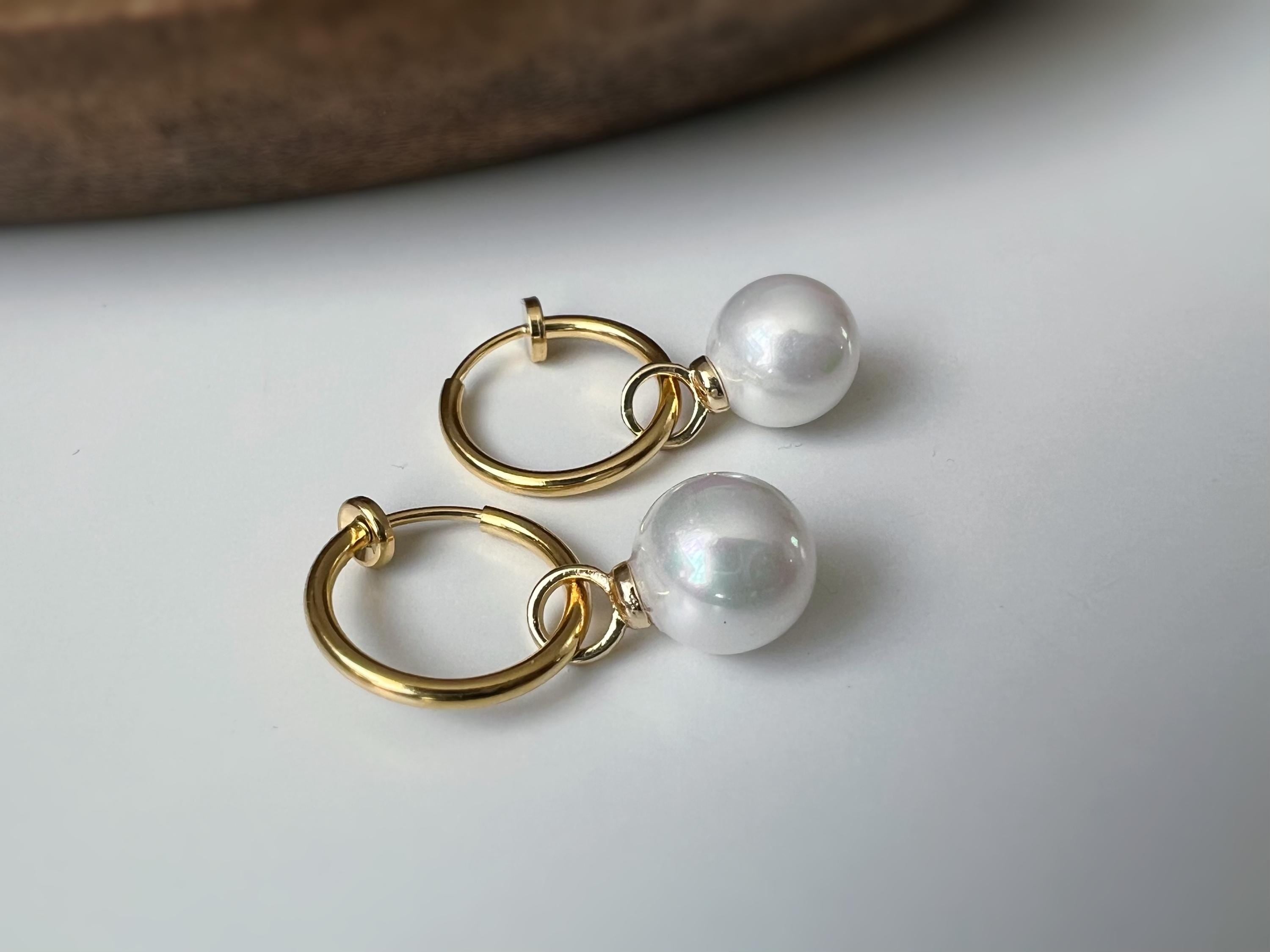 2 en 1 Élégantes boucles d’oreilles clip perle blanc légère Parfait pour une touche chic intemporelle Clips Créoles couleur Or 15mm