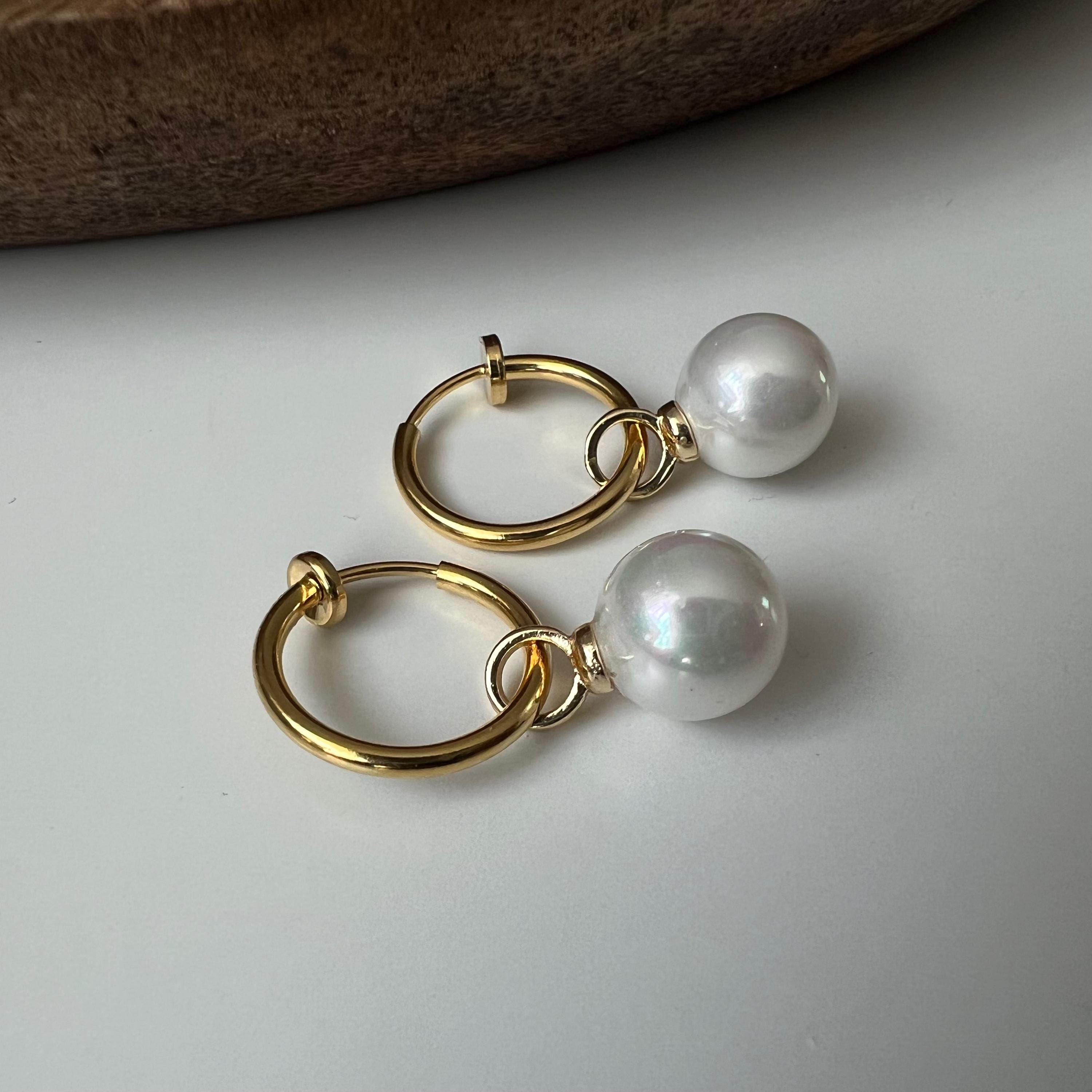 2 en 1 Élégantes boucles d’oreilles clip perle blanc légère Parfait pour une touche chic intemporelle Clips Créoles couleur Or 15mm
