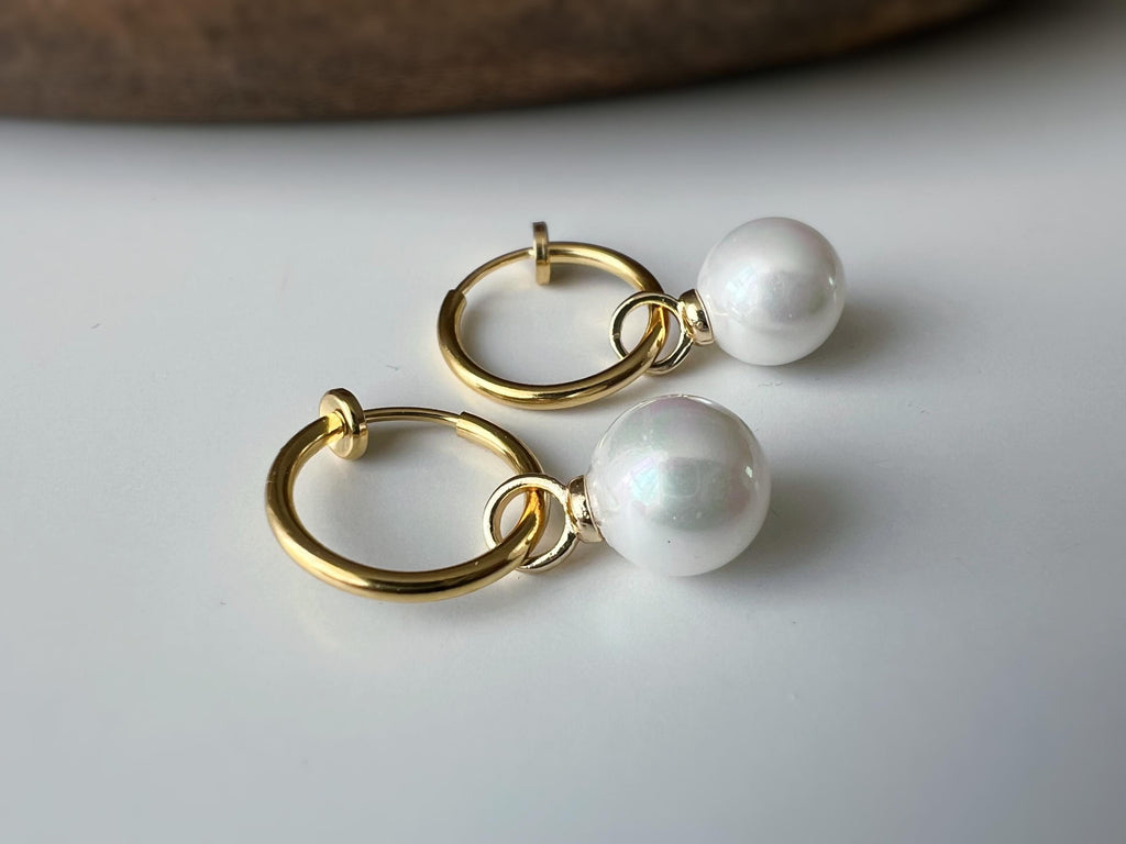 2 en 1 Élégantes boucles d’oreilles clip perle blanc légère Parfait pour une touche chic intemporelle Clips Créoles couleur Or 15mm