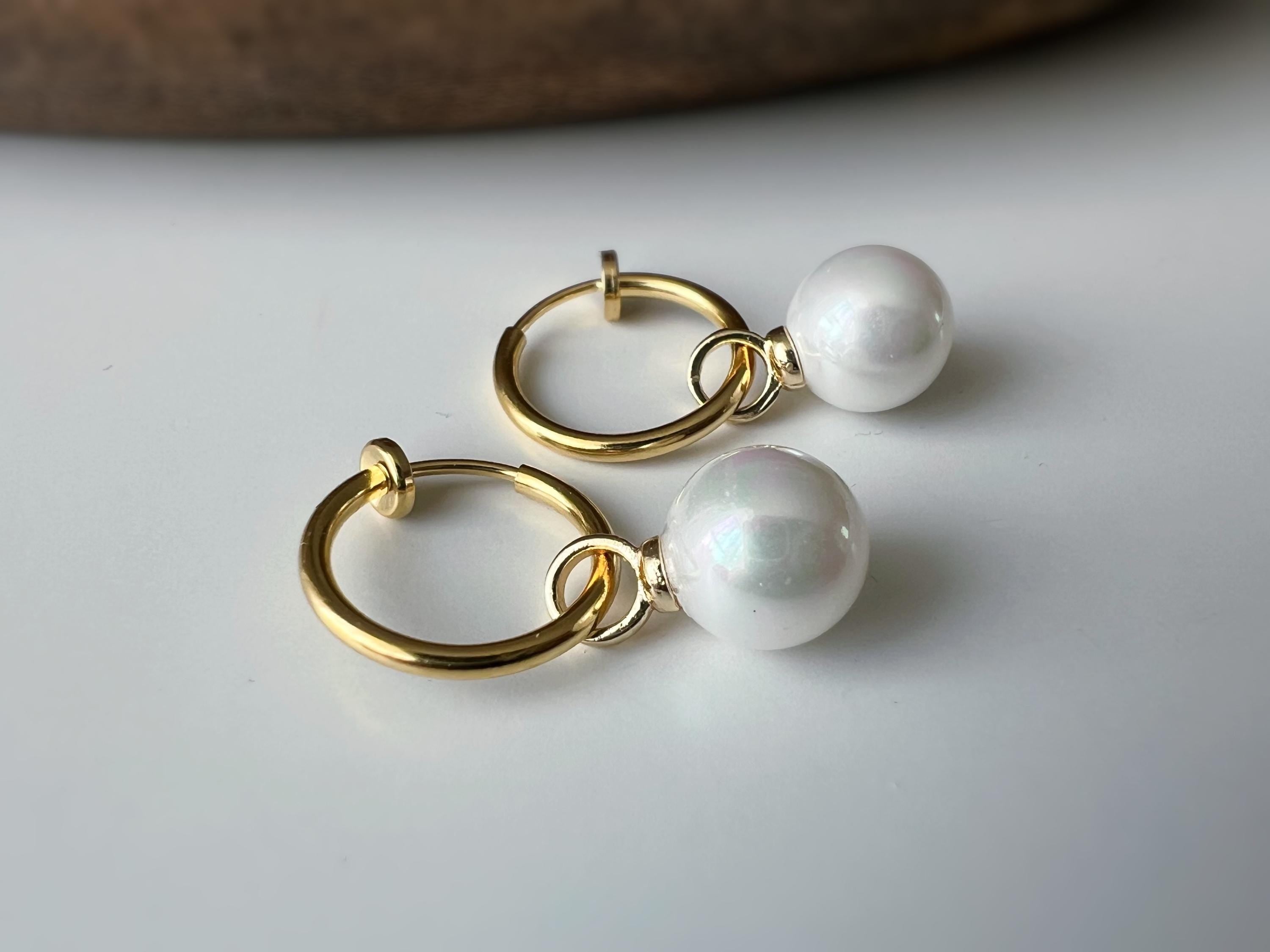 2 en 1 Élégantes boucles d’oreilles clip perle blanc légère Parfait pour une touche chic intemporelle Clips Créoles couleur Or 15mm