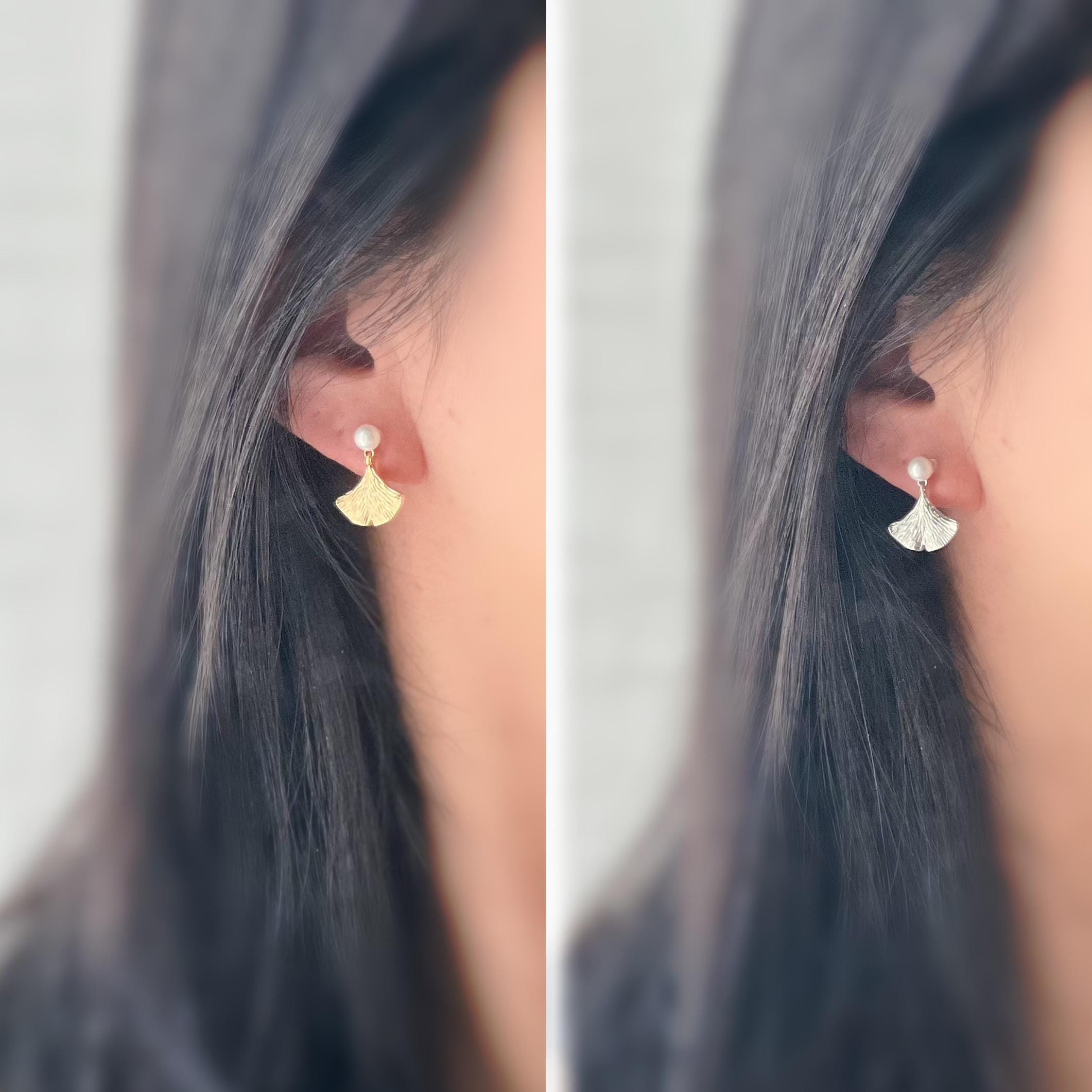 Clips d’oreilles élégants ornés d’une perle blanche et d’un pendentif feuille de ginkgo Or / Argent. Un bijou raffiné, chic et intemporel.
