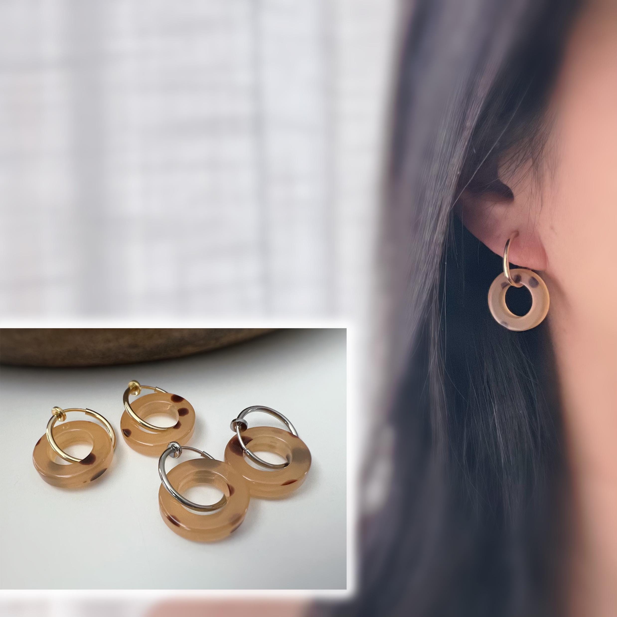 2 EN 1 Créoles Clips 18mm Or/ Argent Cercle écaille de tortue Marron. Clips d'oreilles Anneaux Or/ argent. Boucles d'oreilles.