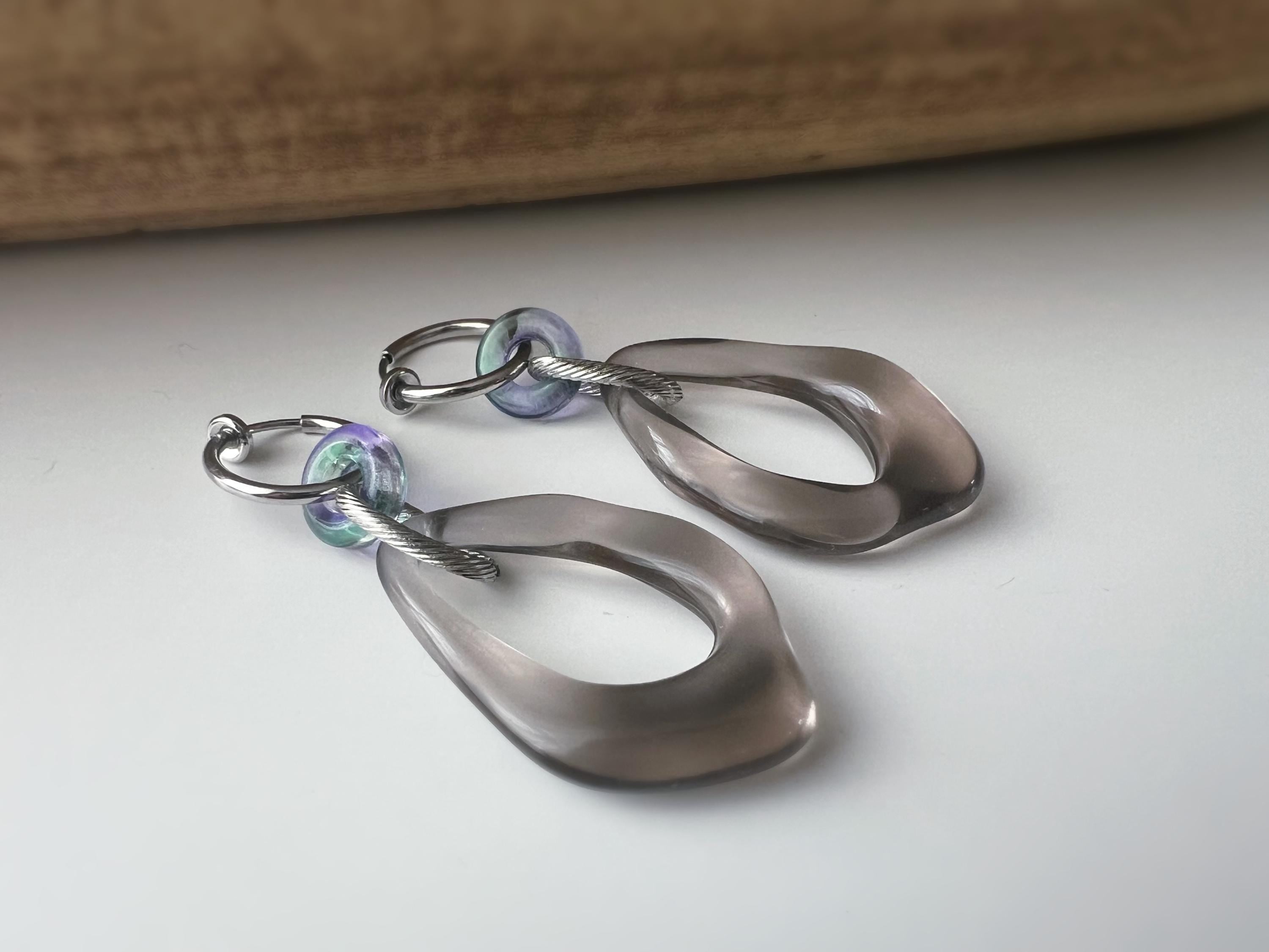 2 EN 1 Clips d'oreilles Anneaux Petit Donut en verre bleu nuit Grand Losange Acétate Vert transparent. Créoles Clips 15mm Argent.