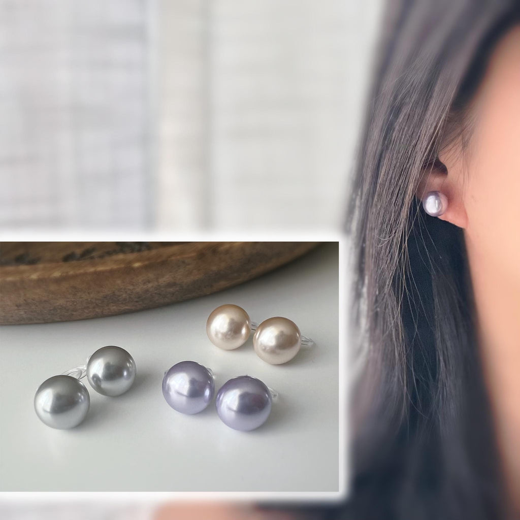 PERLE 11mm, Boucles d'oreilles CLIPS invisible, Grande perle couleur Violet clair /Gris clair /couleur champagne, bijoux minimaliste.