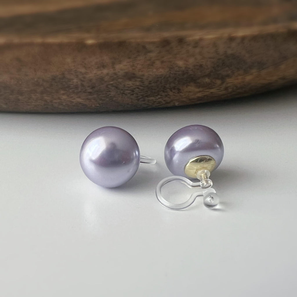 PERLE 11mm, Boucles d'oreilles CLIPS invisible, Grande perle couleur Violet clair /Gris clair /couleur champagne, bijoux minimaliste.