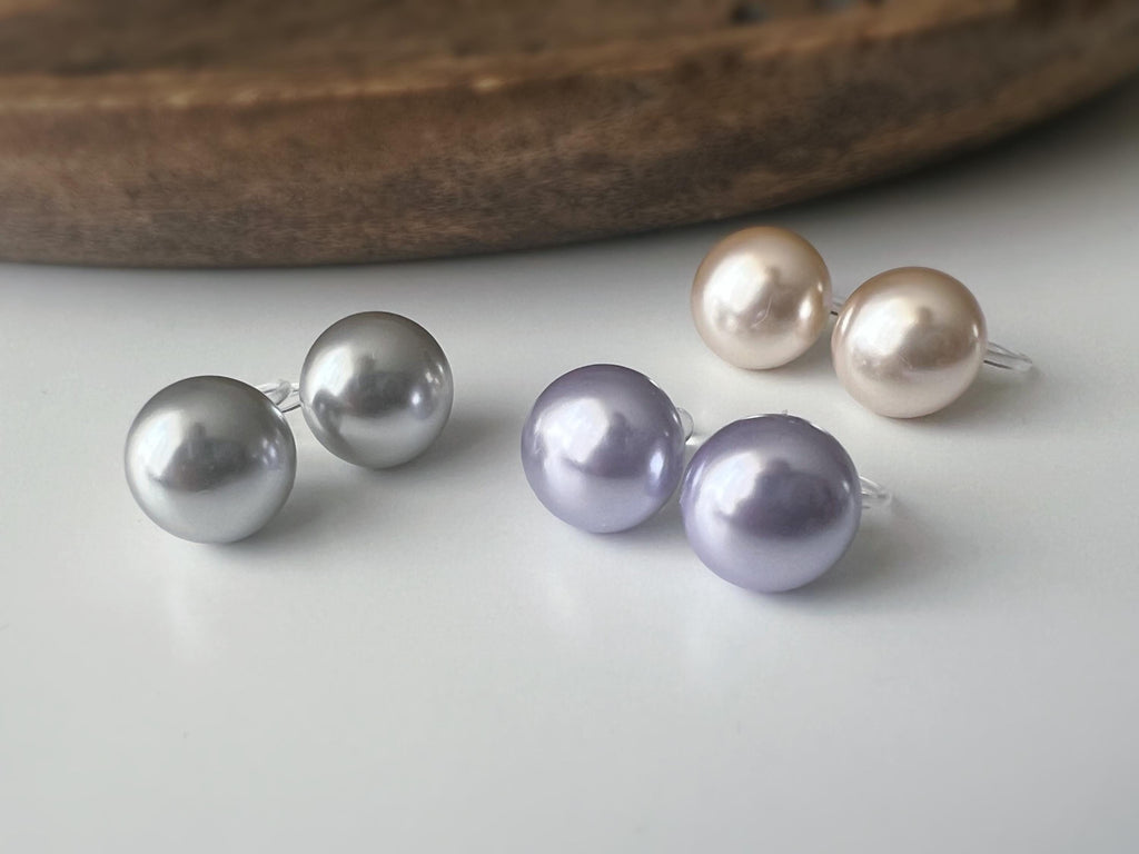 PERLE 11mm, Boucles d'oreilles CLIPS invisible, Grande perle couleur Violet clair /Gris clair /couleur champagne, bijoux minimaliste.