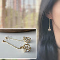 Longues Boucles d'oreilles pendantes CLIPS INVISIBLES couleur doré, Chaîne doré, Cube avec strass, bijoux quotidien, cadeaux pour elle.