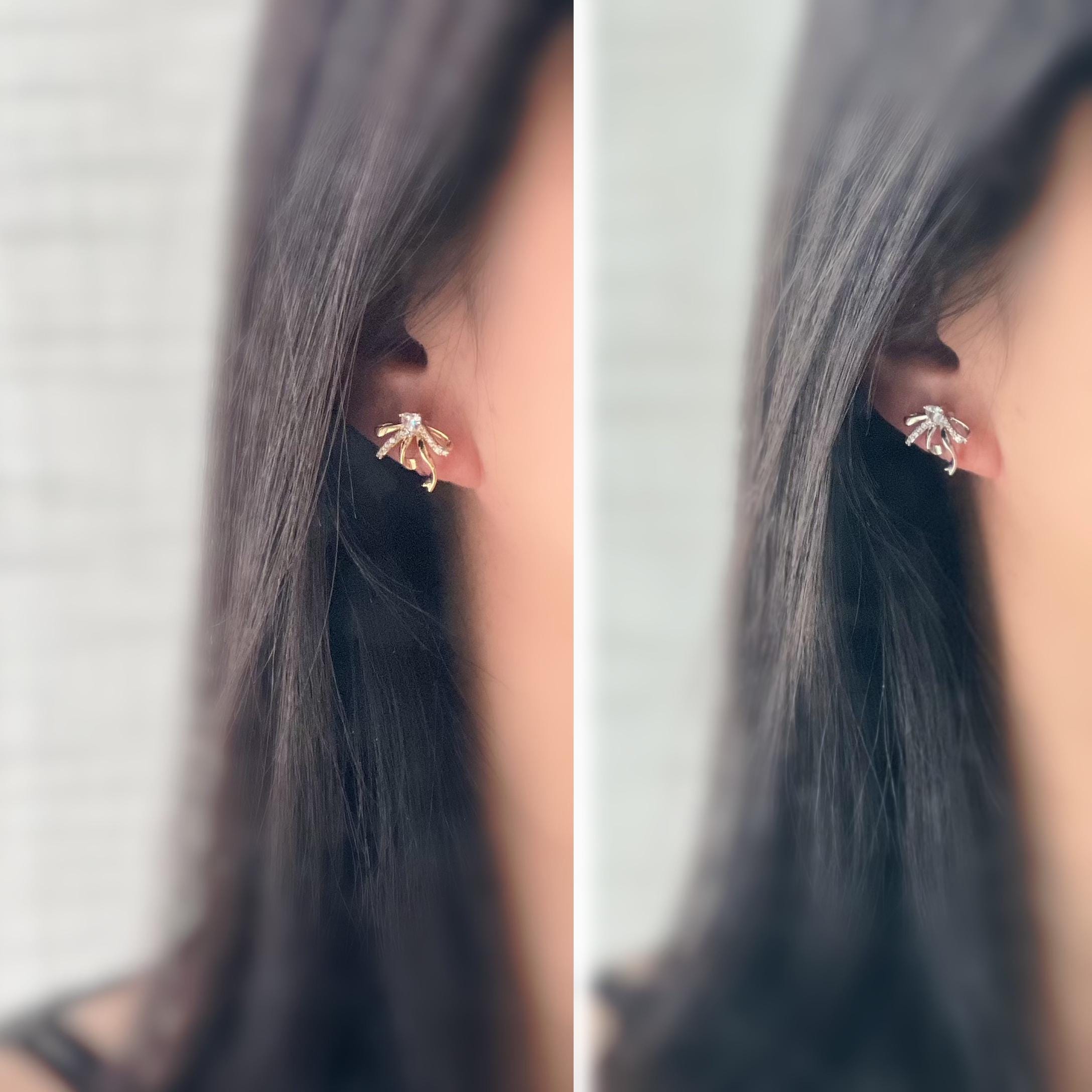 Clips d’oreilles élégants en forme de nœud scintillant Or / Argent sertis de strass étincelants. Bijou raffiné pour un style chic et féminin