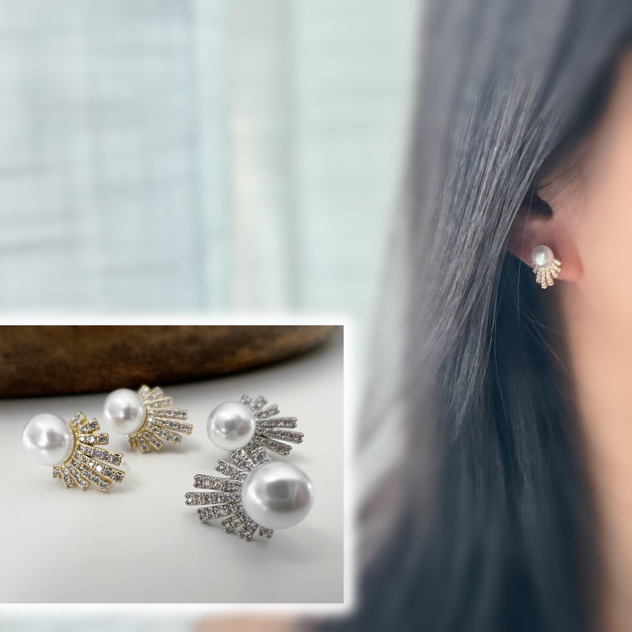 Élégantes boucles d’oreilles clip ornées d’une perle et d’un éventail scintillant de strass, Argent / OR, pour un éclat raffiné sans perçage