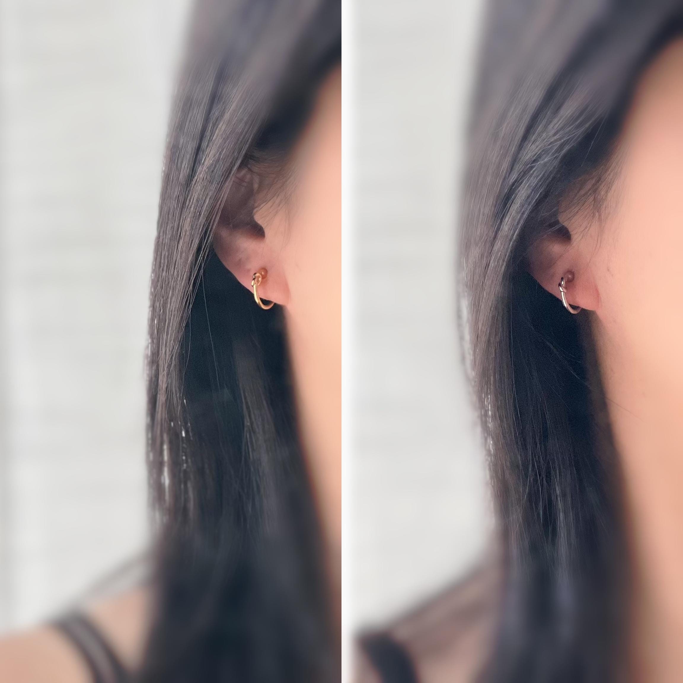 Créoles à clip minimalistes en argent ou doré, design noué élégant et discret, parfaites pour un style raffiné sans perçage d’oreilles.