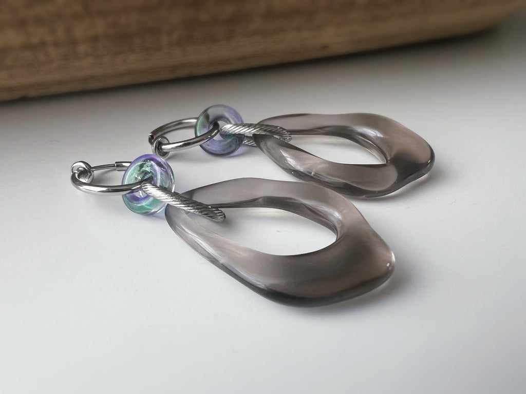 2 EN 1 Clips d'oreilles Anneaux Petit Donut en verre bleu nuit Grand Losange Acétate Vert transparent. Créoles Clips 15mm Argent.