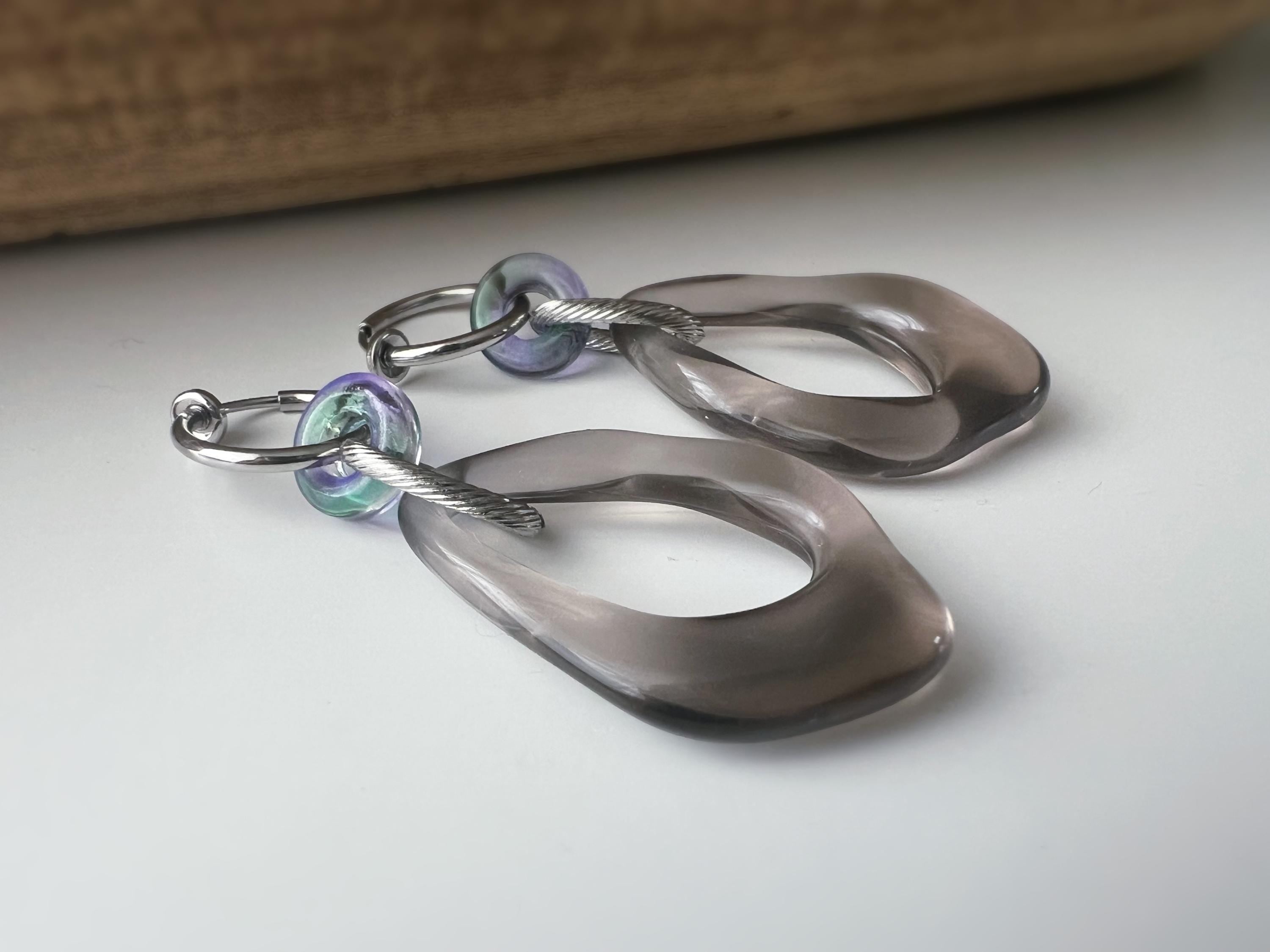 2 EN 1 Clips d'oreilles Anneaux Petit Donut en verre bleu nuit Grand Losange Acétate Vert transparent. Créoles Clips 15mm Argent.